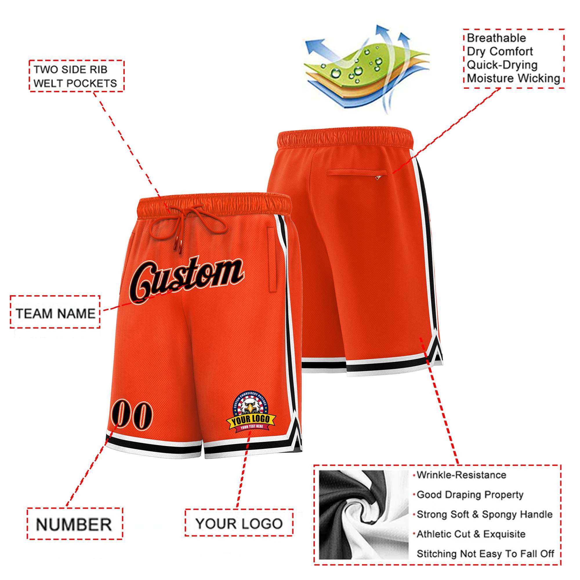 Custom Orange Black-White Personalized Basketball Shorts