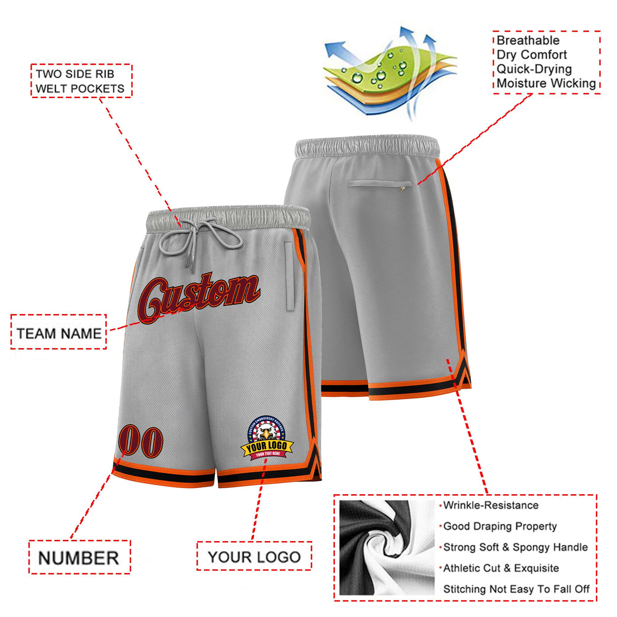 Custom Gray Orange-Black Personalized Basketball Shorts