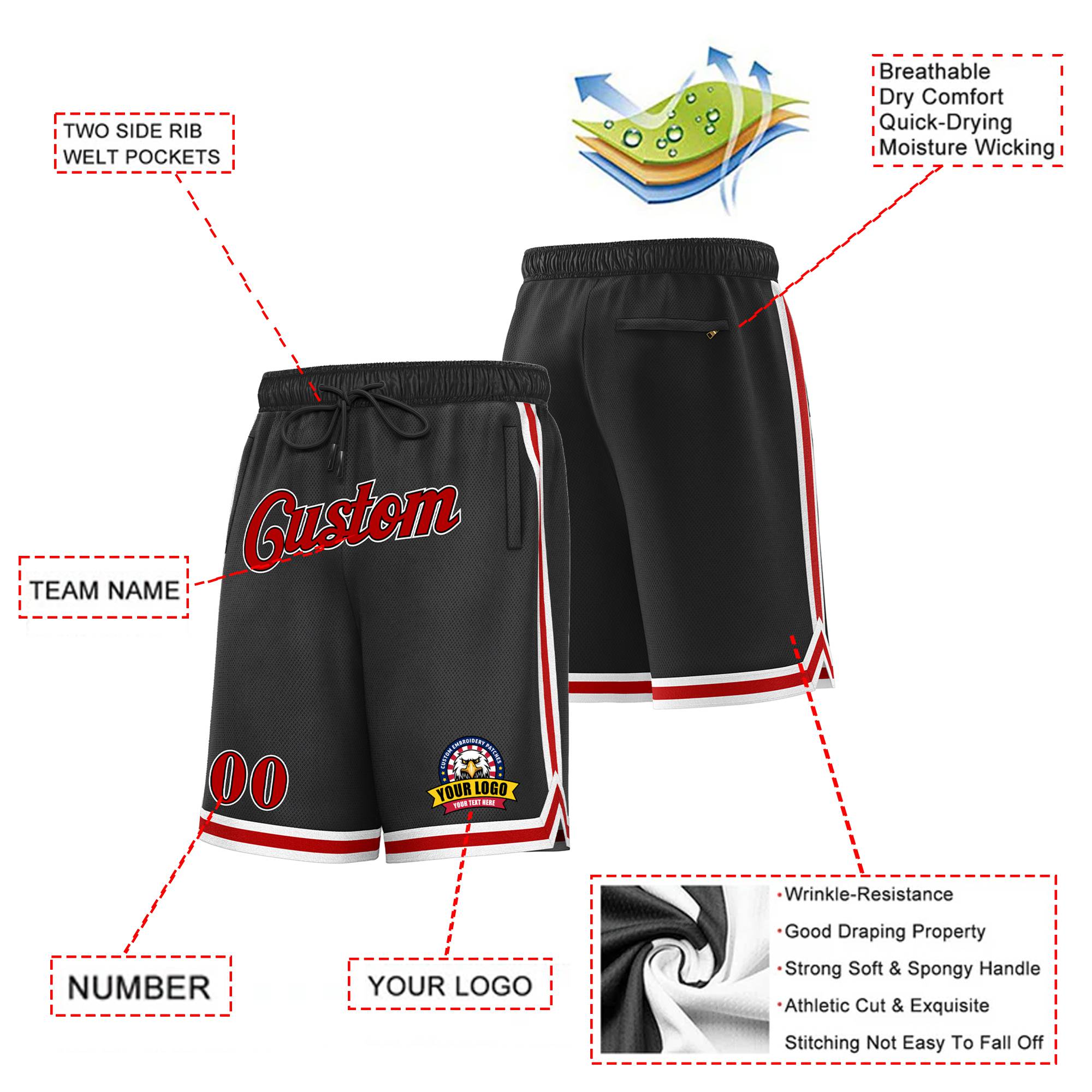 Custom Black Red-White Personalized Basketball Shorts