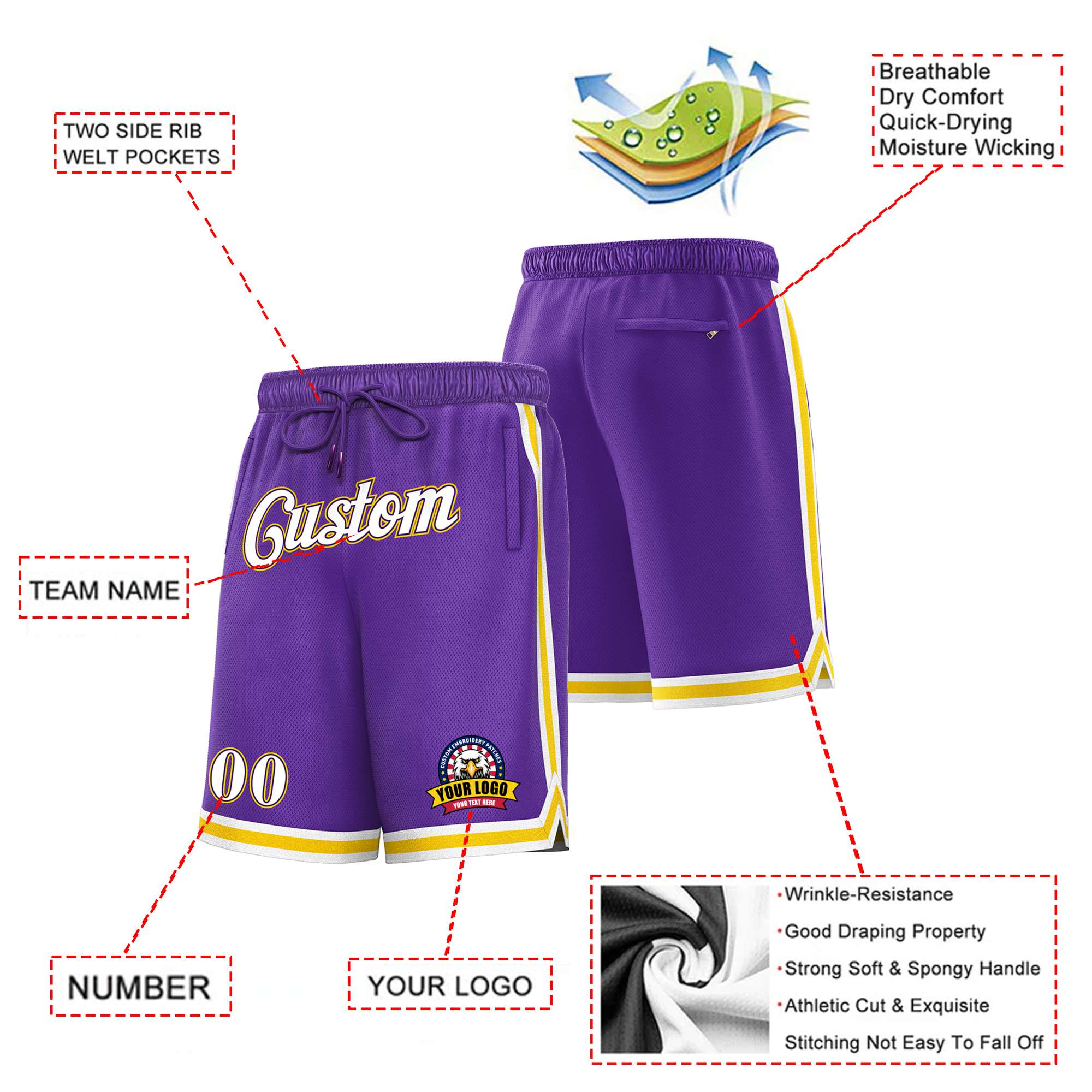 Custom Purple White-Yellow Personalized Basketball Shorts