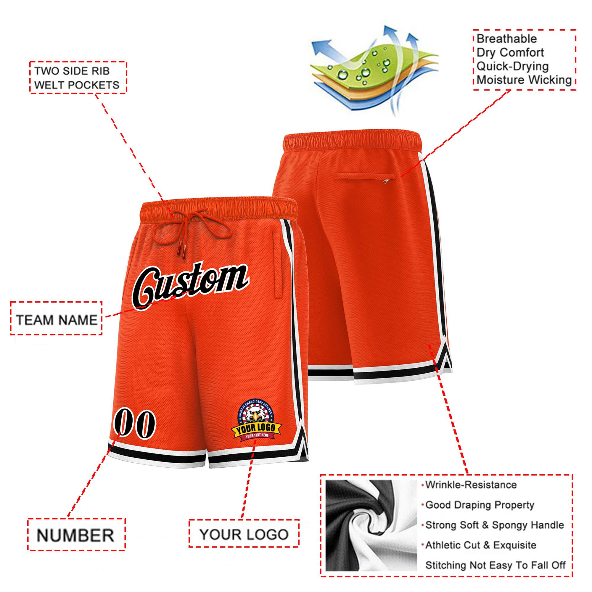 Custom Orange Black-White Personalized Basketball Shorts