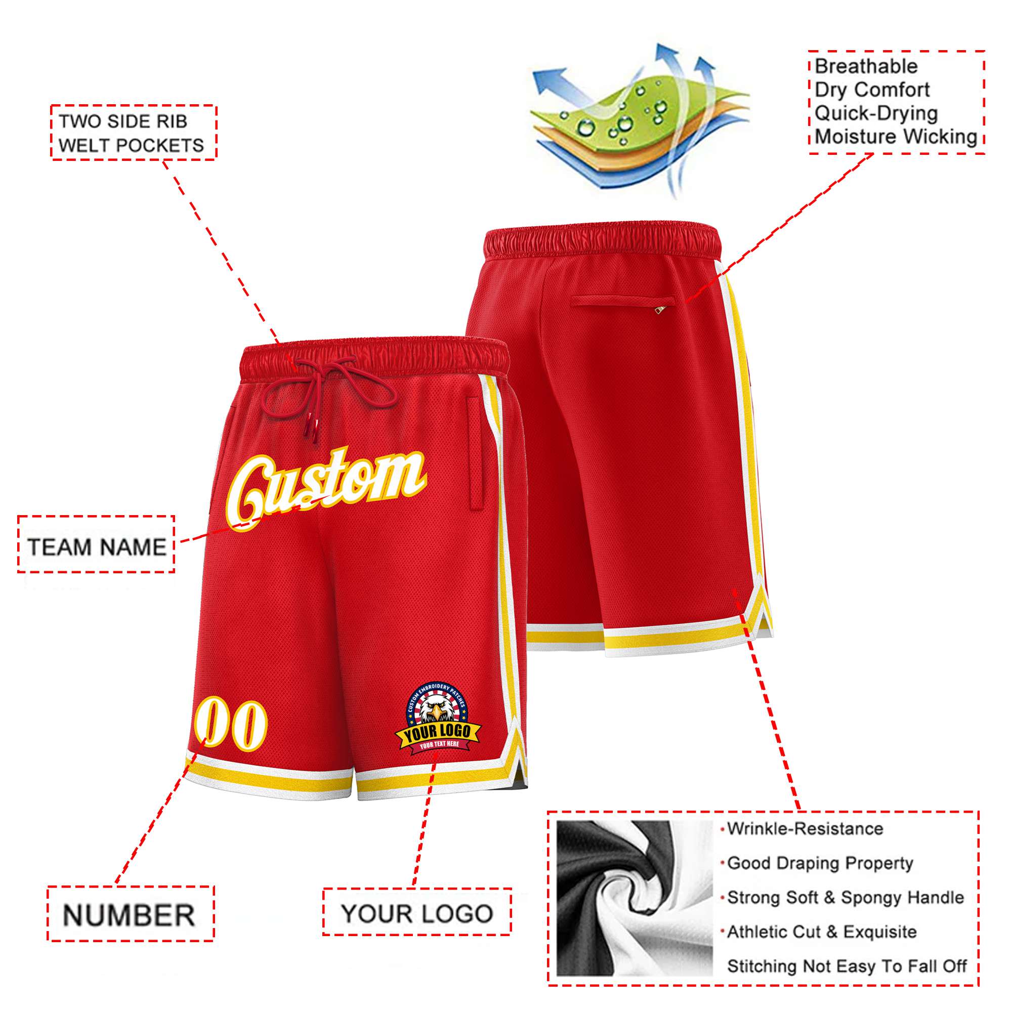 Custom Red White-Yellow Personalized Basketball Shorts