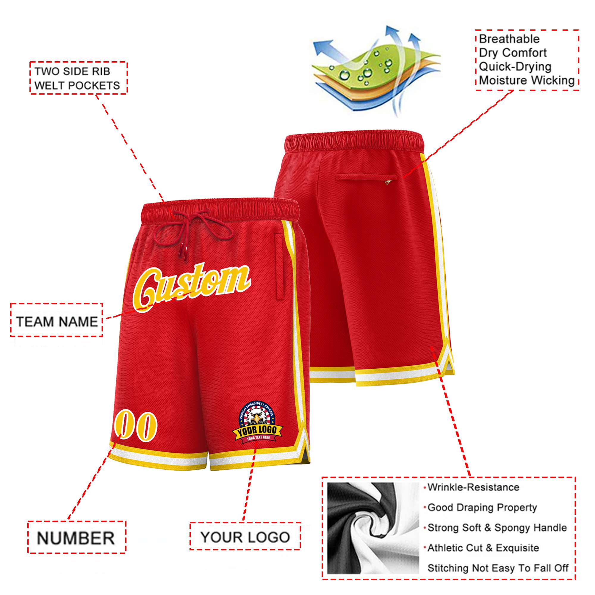 Custom Red Yellow-White Personalized Basketball Shorts