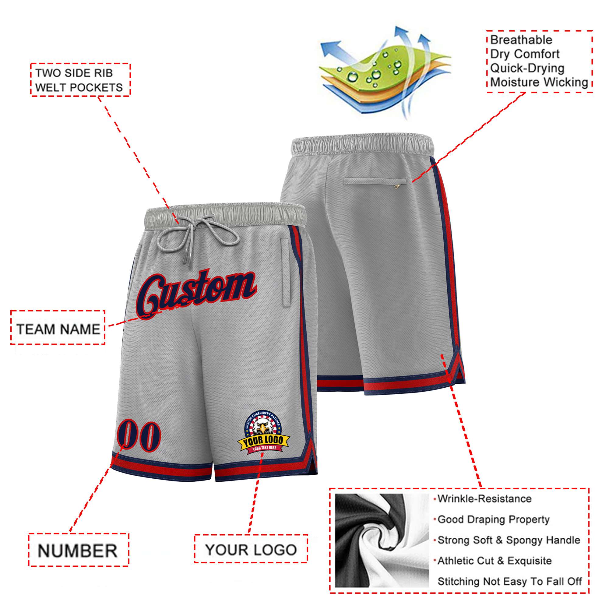 Custom Gray Navy-Red Personalized Basketball Shorts