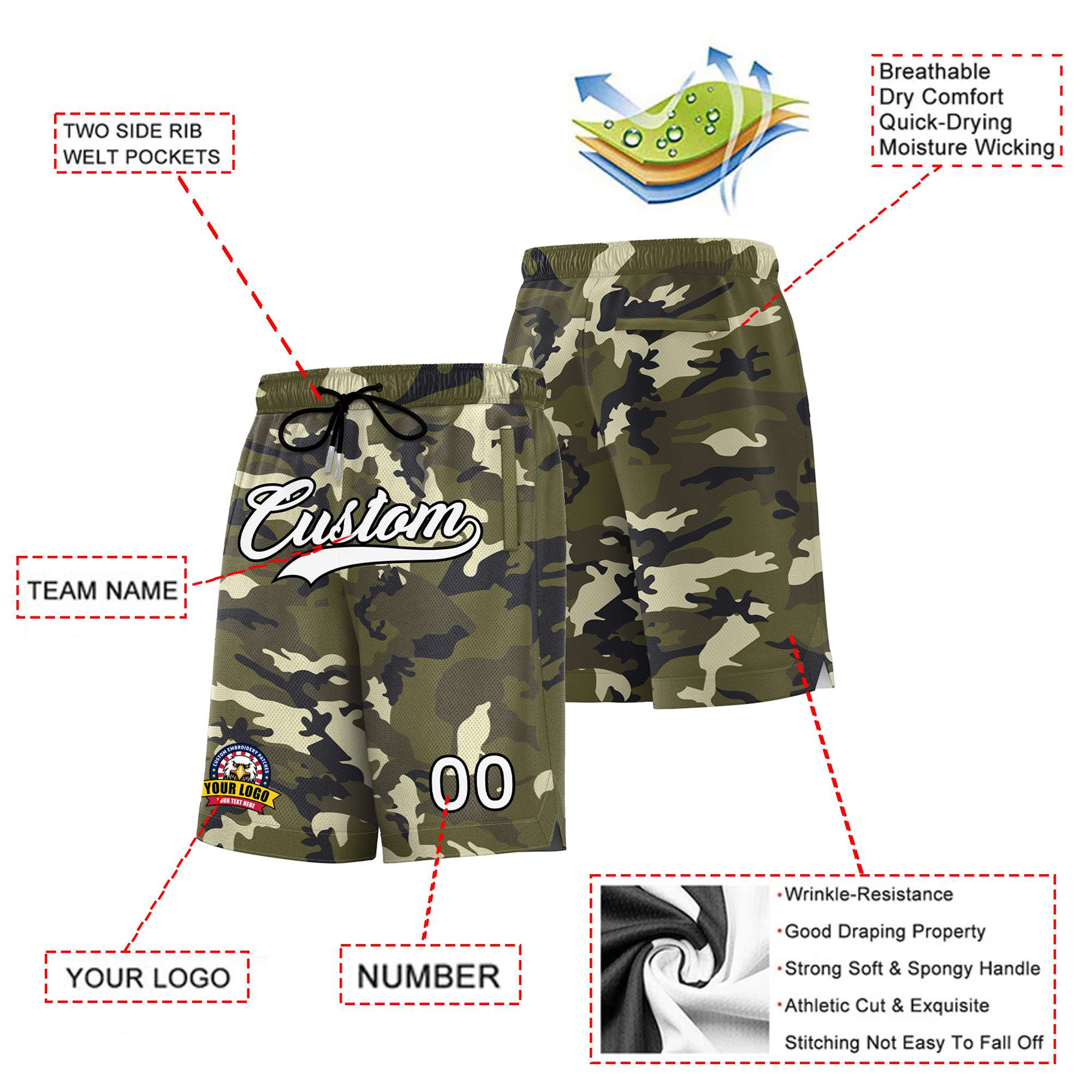 Custom Green White Black Camo Basketball Shorts