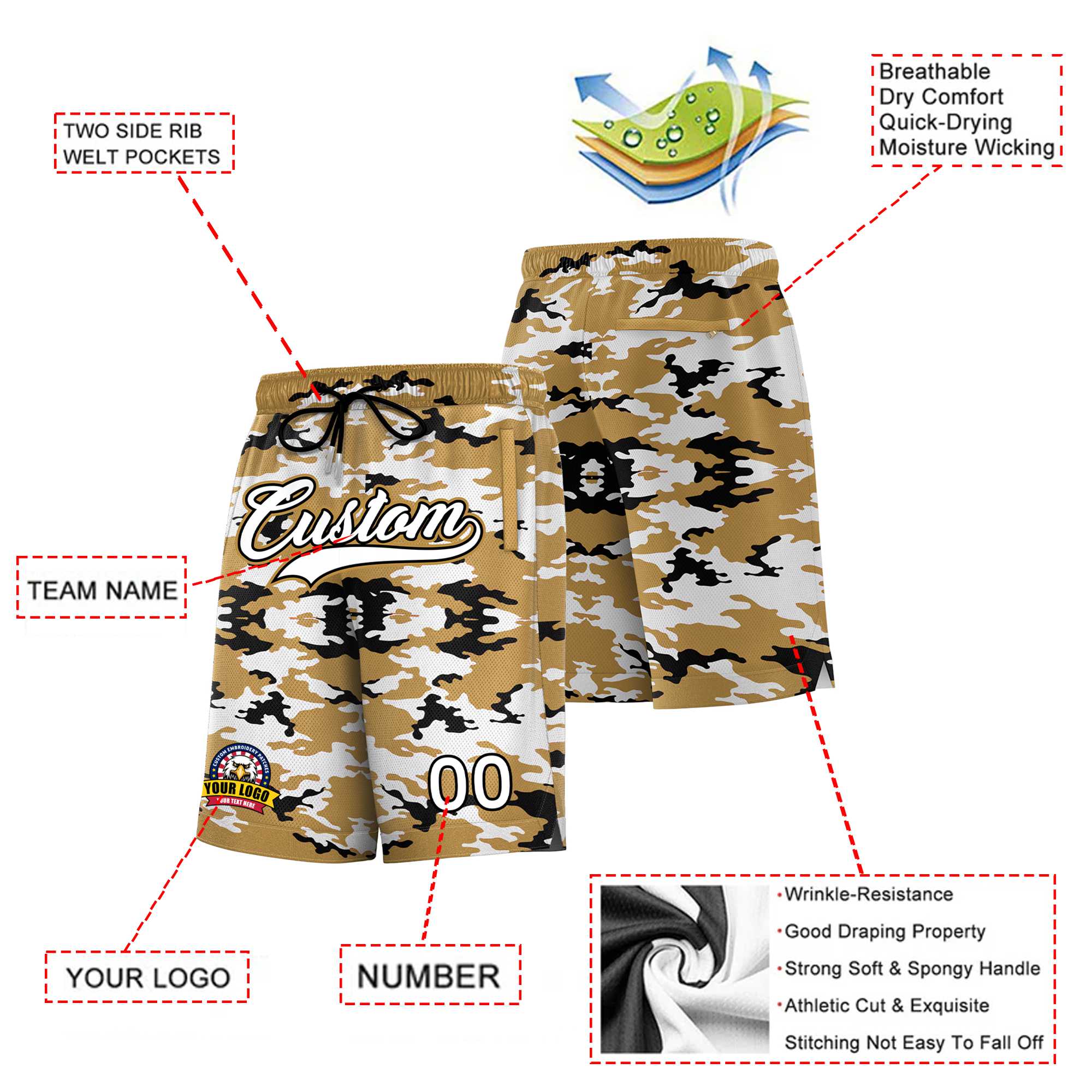 Custom Gold White Black Camo Basketball Shorts