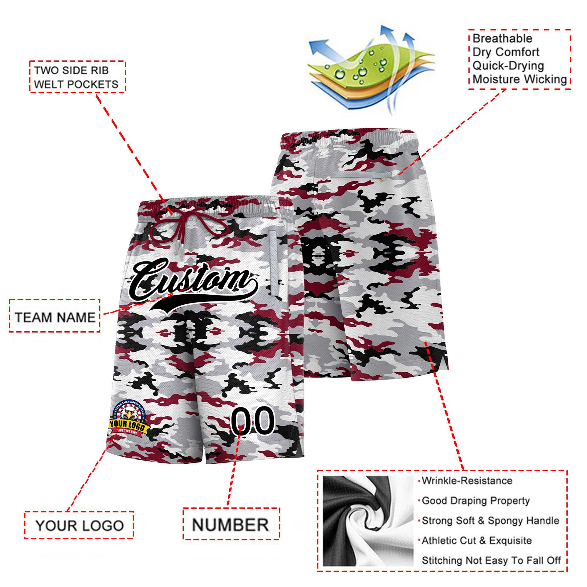 Custom White Black White Camo Basketball Shorts