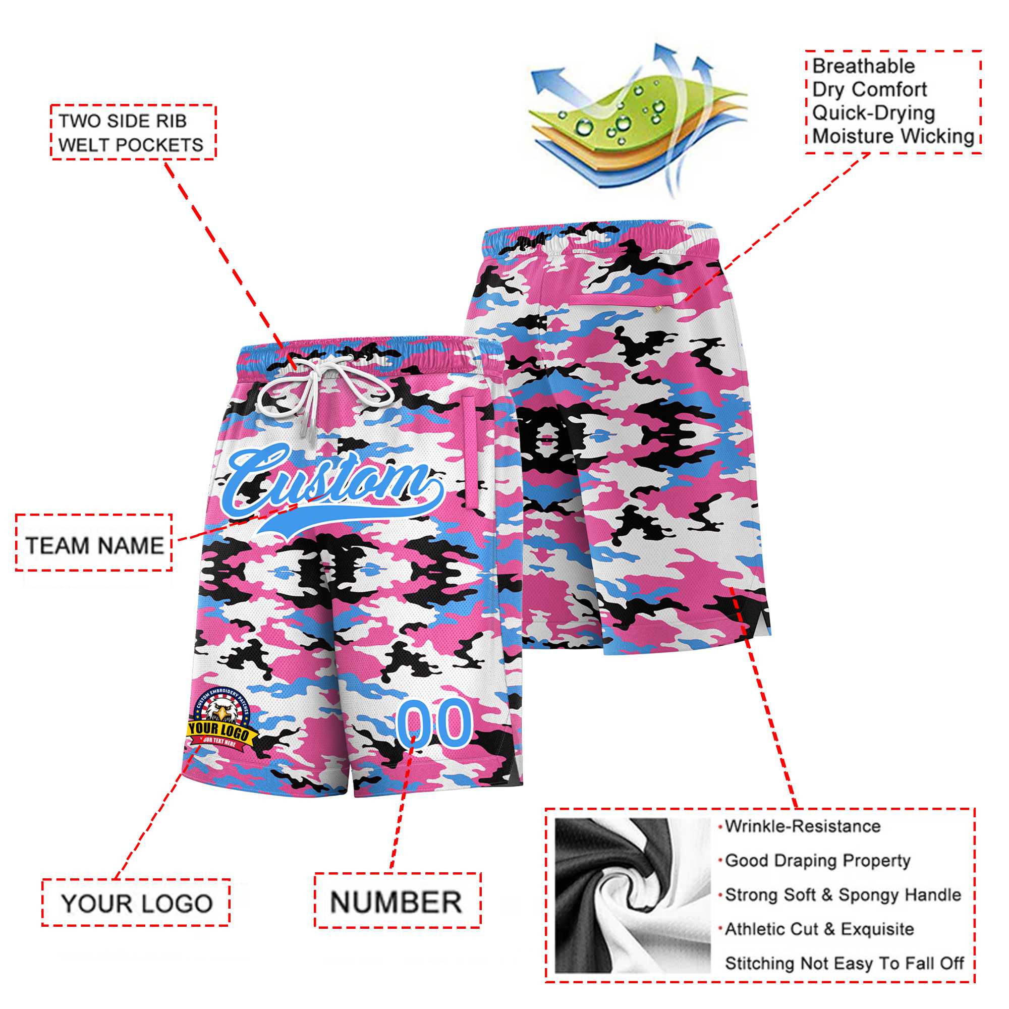 Custom Pink Powder Blue White Camo Basketball Shorts