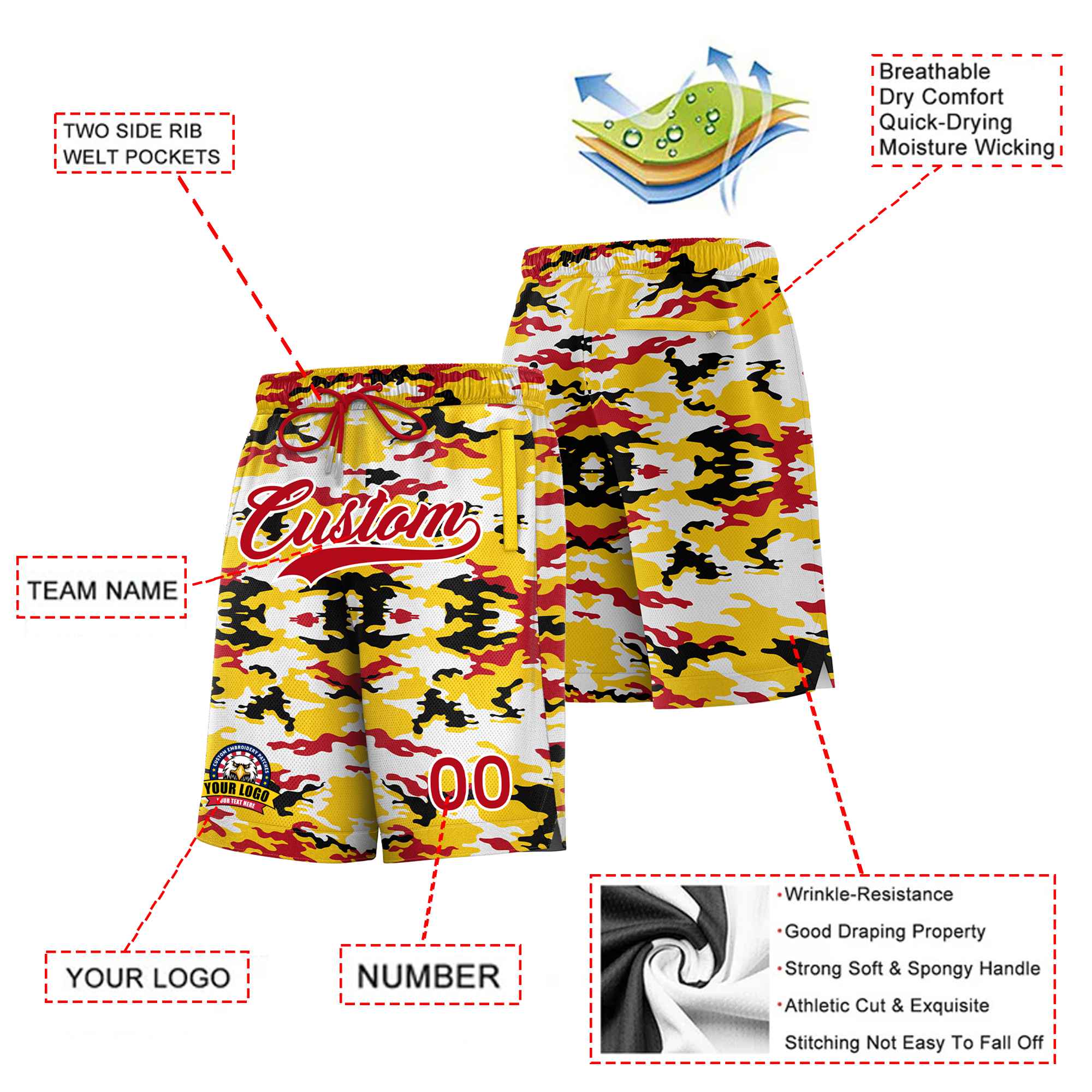 Custom Yellow Red White Camo Basketball Shorts