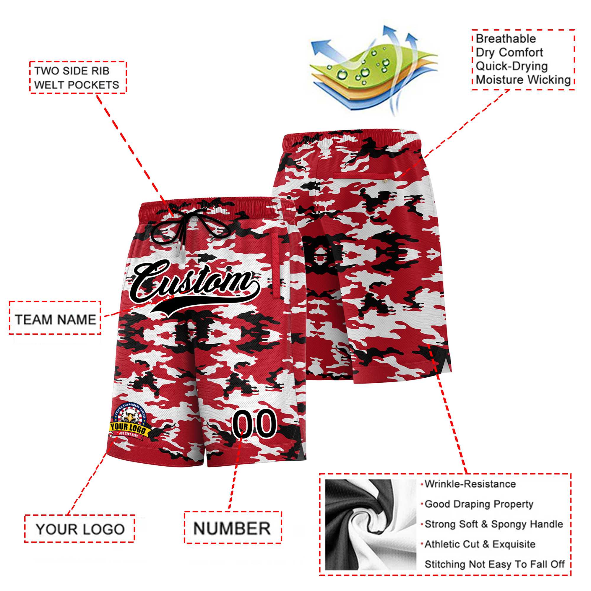 Custom Red Black White Camo Basketball Shorts