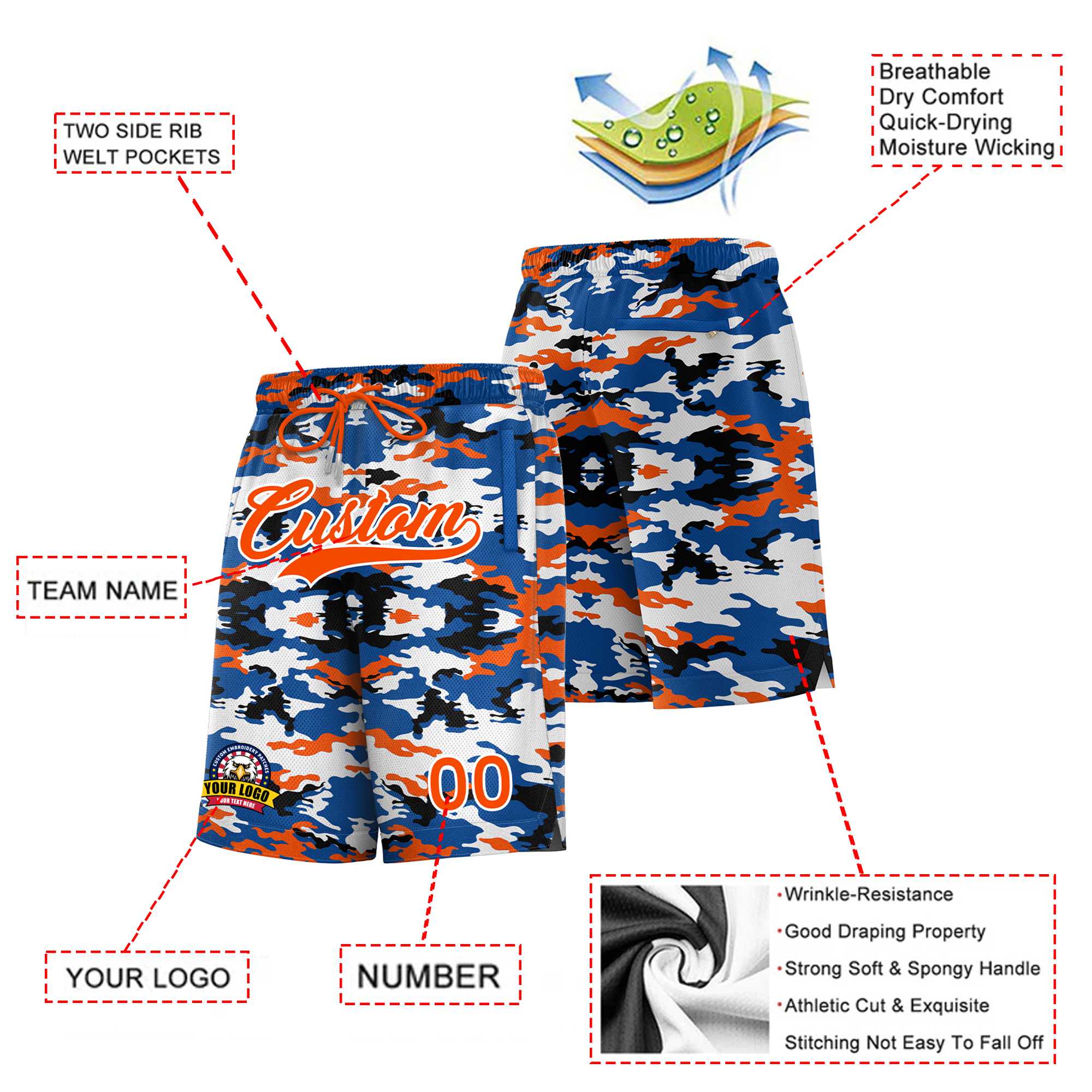 Custom Royal Orange White Camo Basketball Shorts