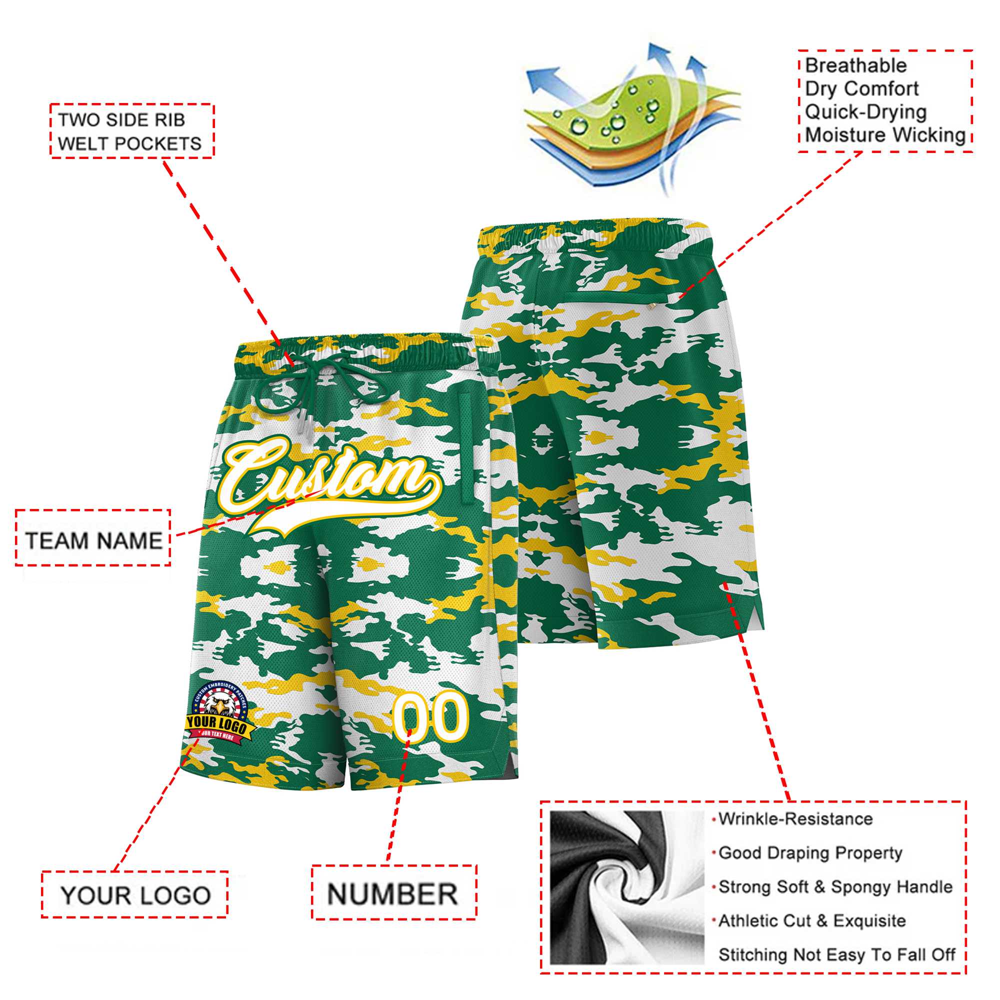 Custom Green White Gold Camo Basketball Shorts