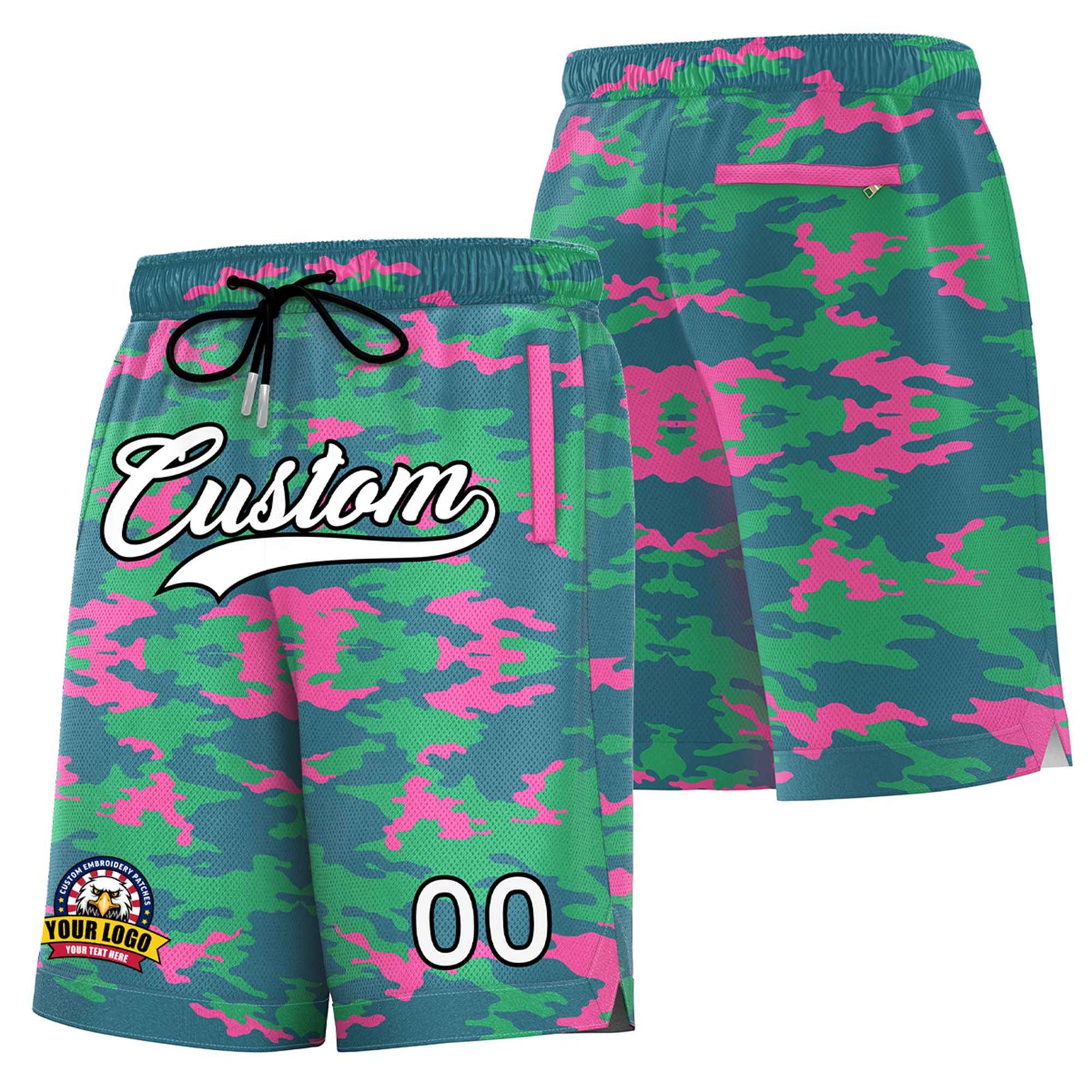 Custom Green White Black Camo Basketball Shorts