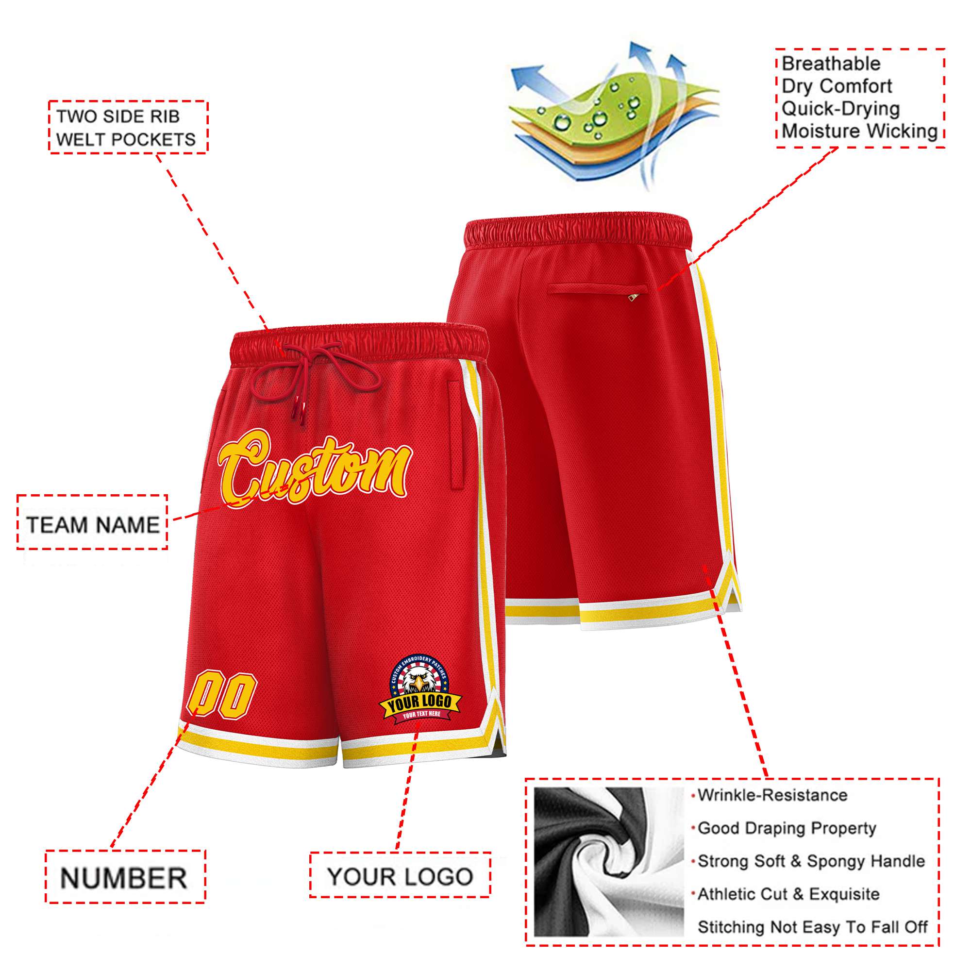 Custom Red Gold2-White Sport Basketball Shorts