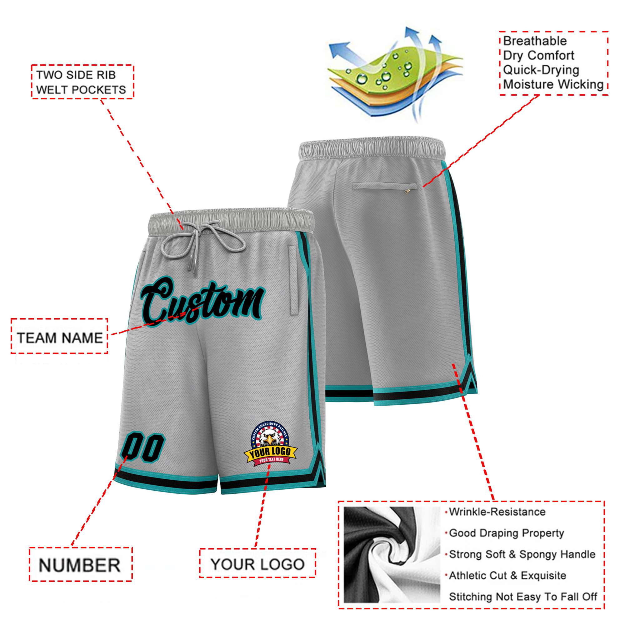 Custom Gray Aqua-Black Sport Basketball Shorts