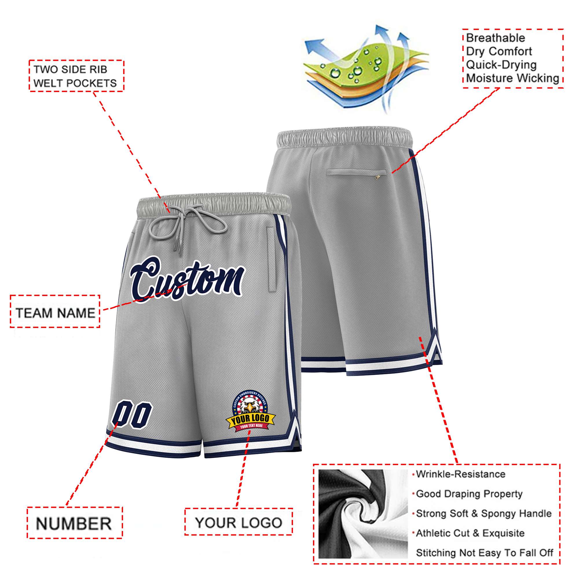 Custom Gray Navy-White Sport Basketball Shorts