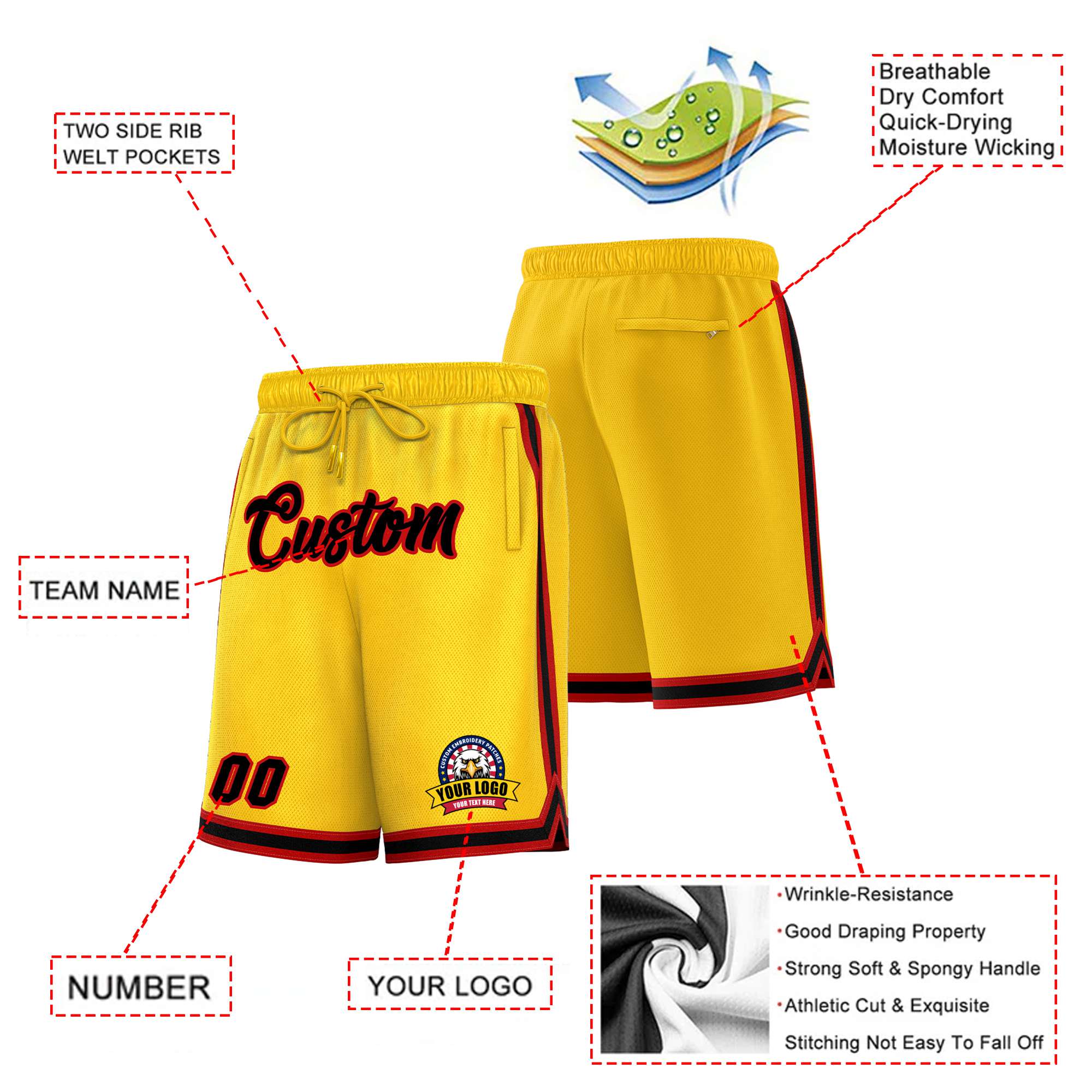 Custom Yellow Red-White Sport Basketball Shorts