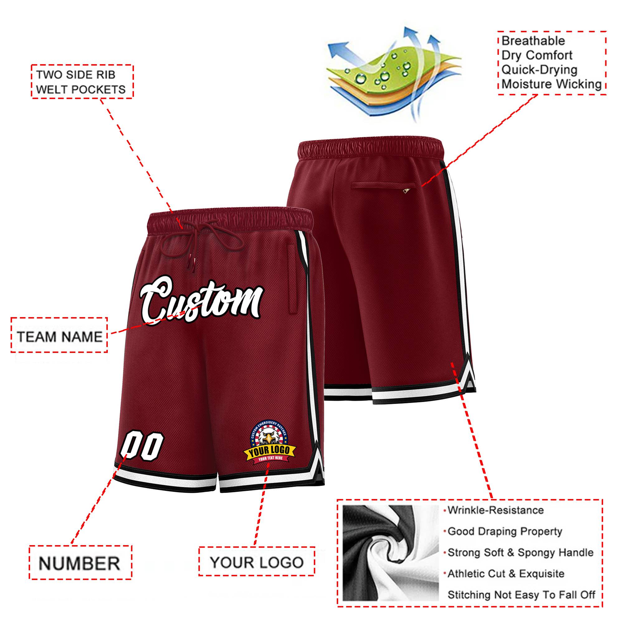 Custom Maroon Black-White Sport Basketball Shorts