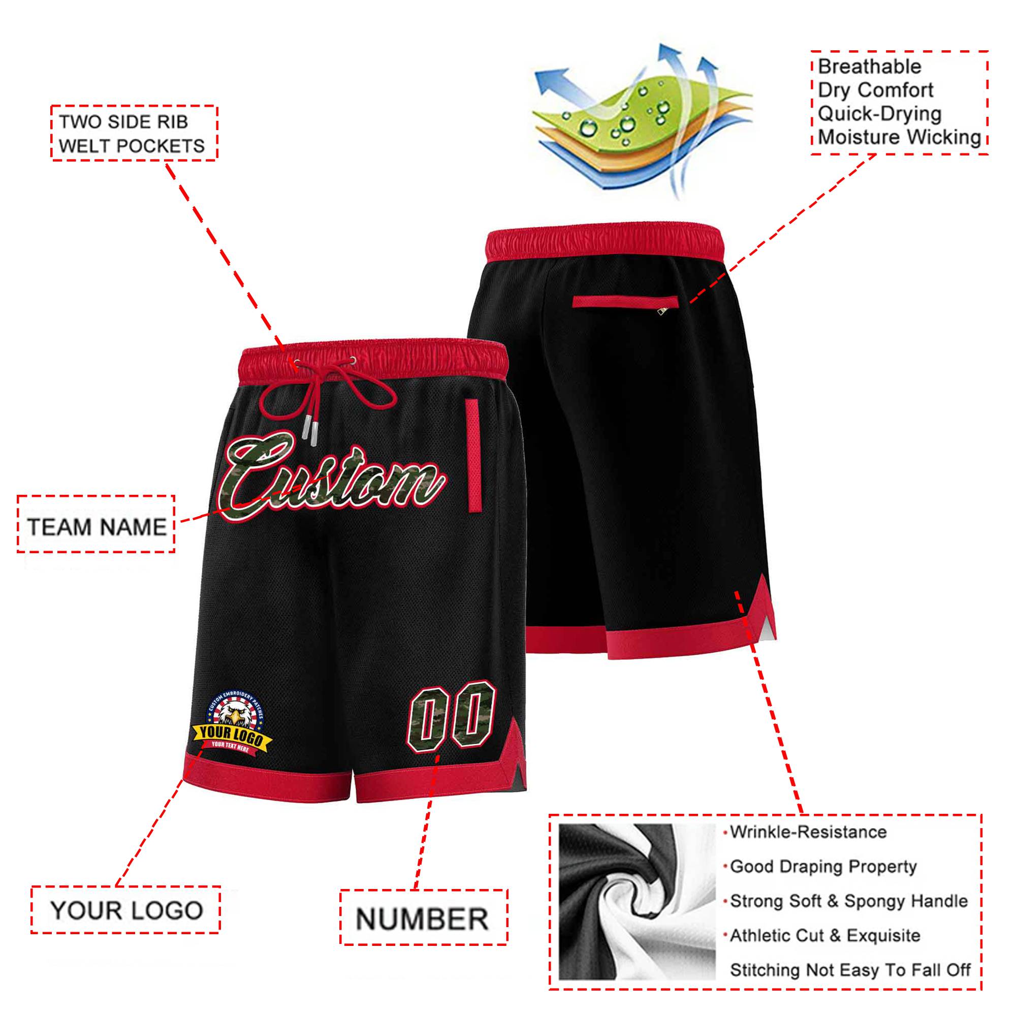 Custom Black Red Personalized Basketball Shorts