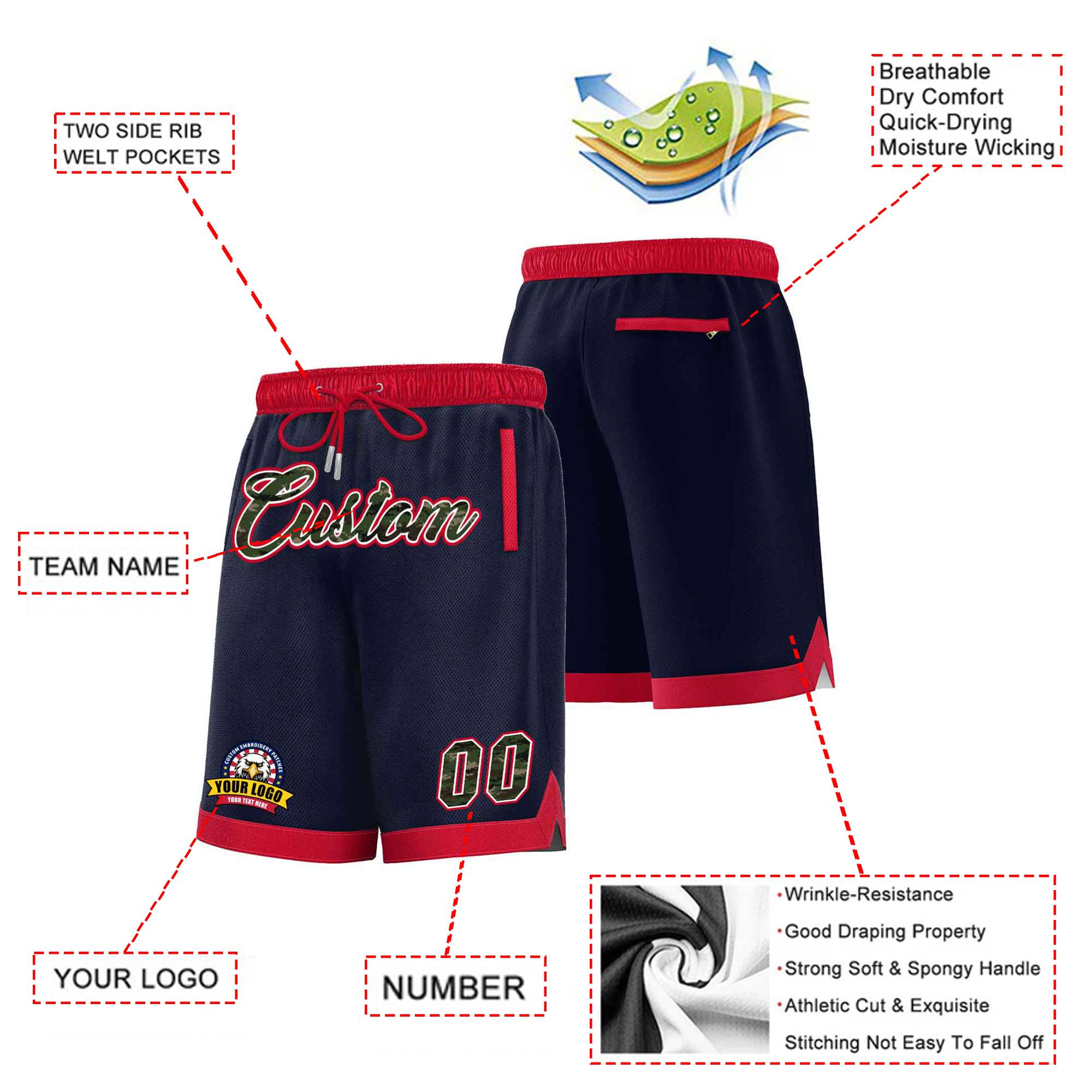 Custom Navy Red Personalized Basketball Shorts