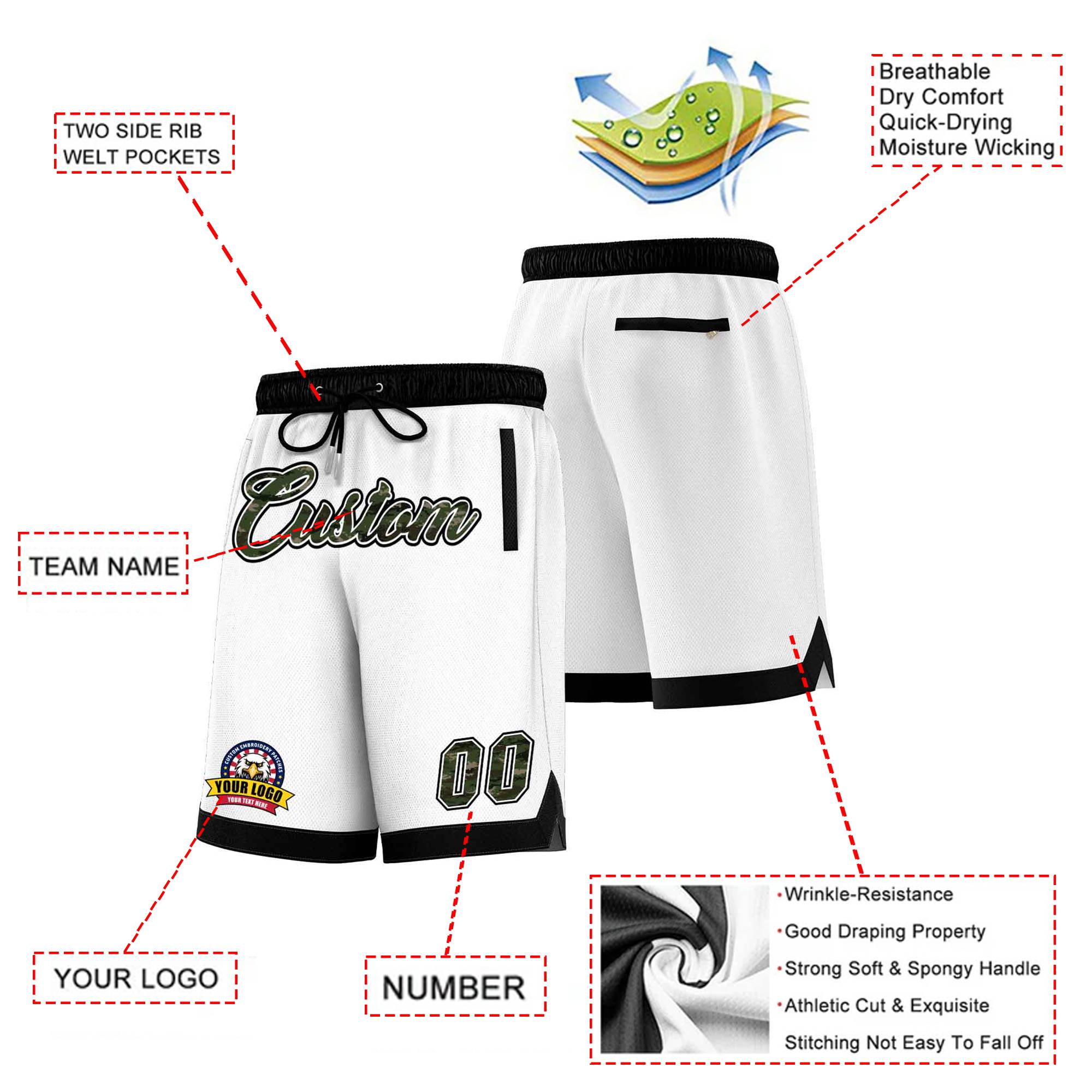 Custom White Black Personalized Basketball Shorts