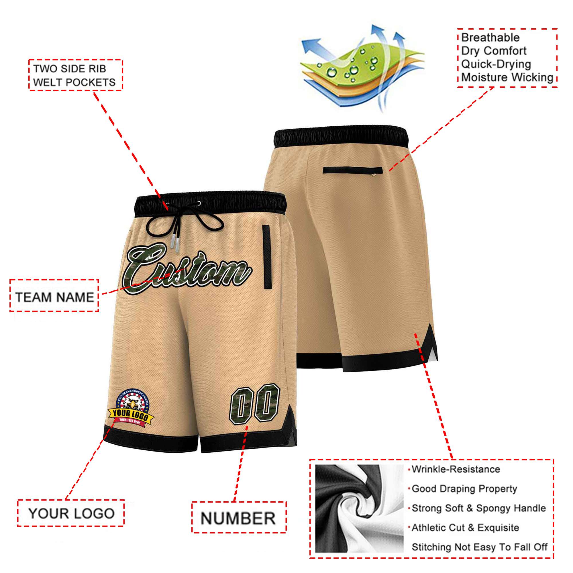 Custom Khaki Black Personalized Basketball Shorts