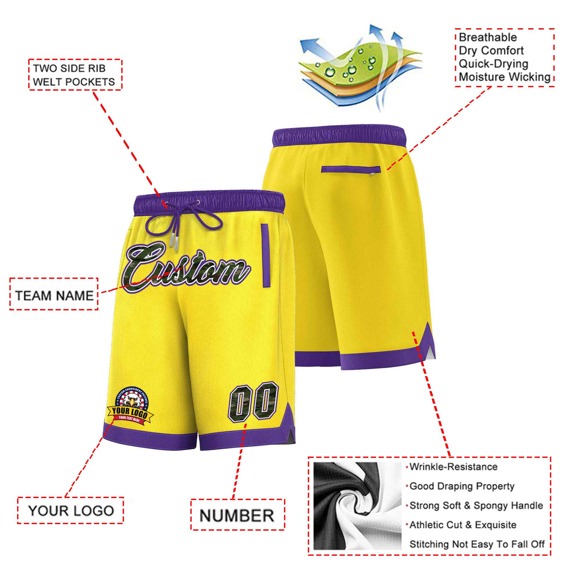 Custom Gold-2 Purple Personalized Basketball Shorts