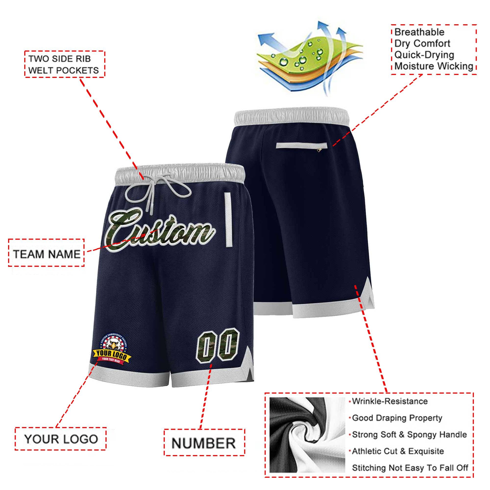 Custom Navy Gray Personalized Basketball Shorts