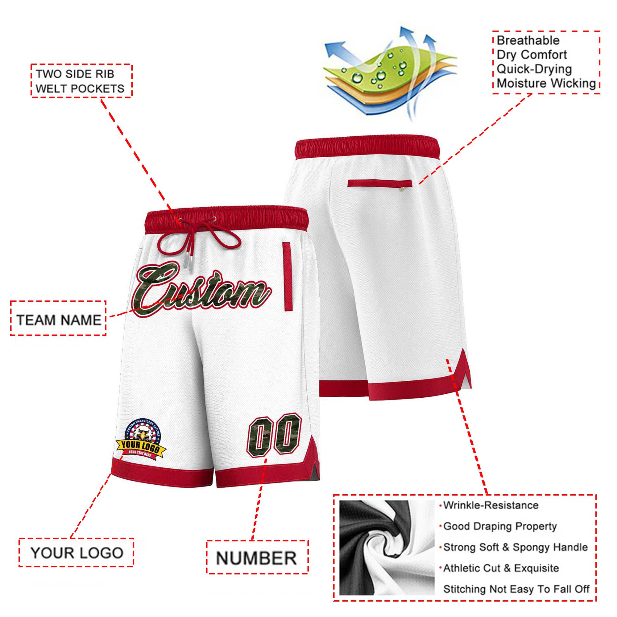 Custom White Red Personalized Basketball Shorts