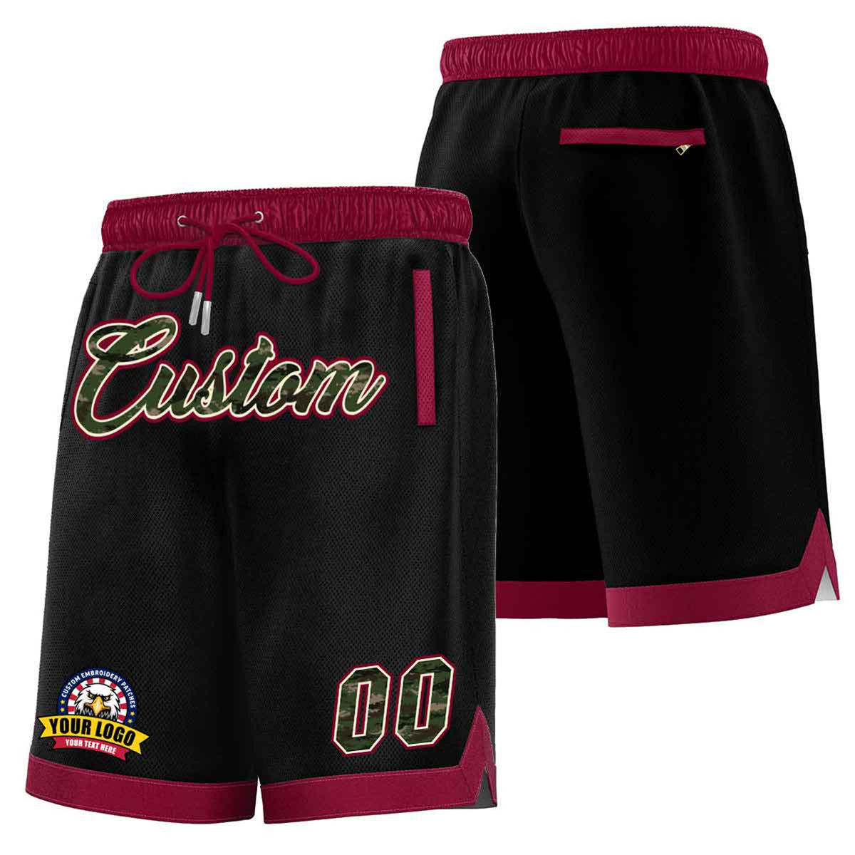 Custom Black Maroon Personalized Basketball Shorts