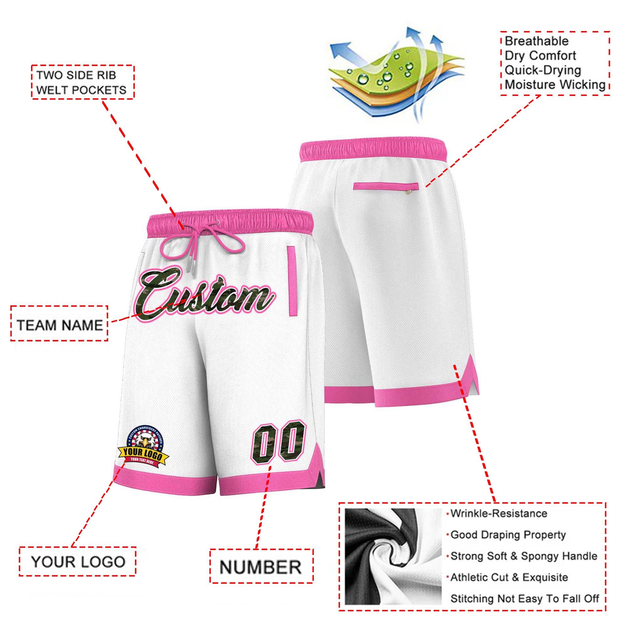 Custom White Pink Personalized Basketball Shorts