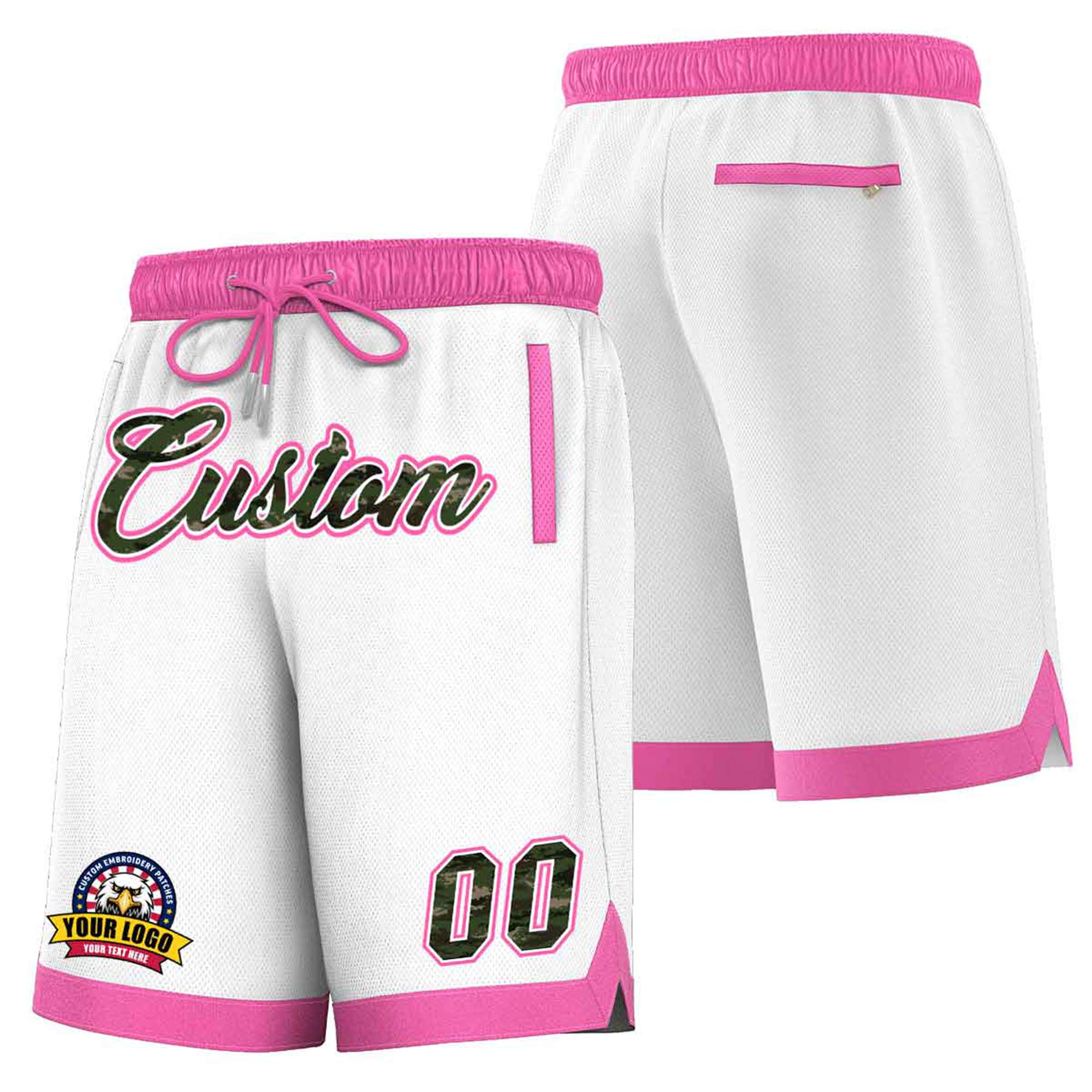 Custom White Pink Personalized Basketball Shorts