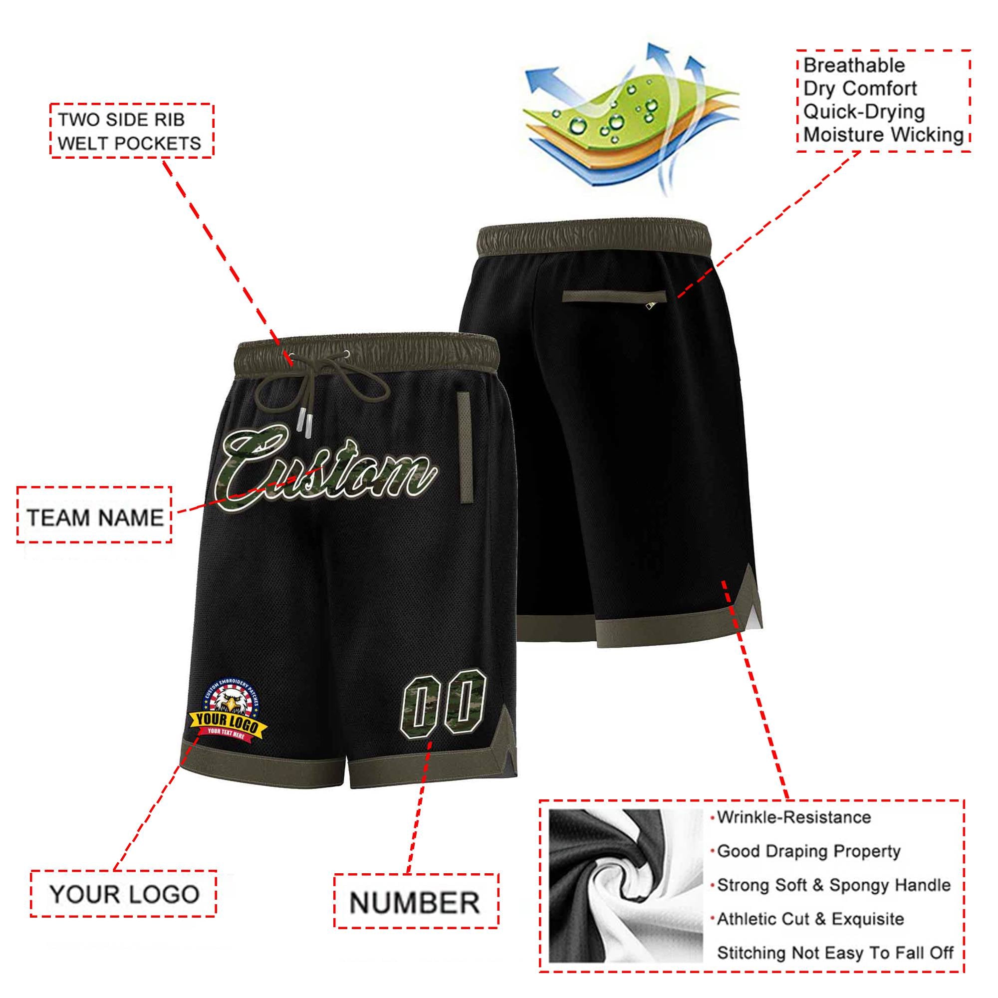 Custom Black Olive Personalized Basketball Shorts