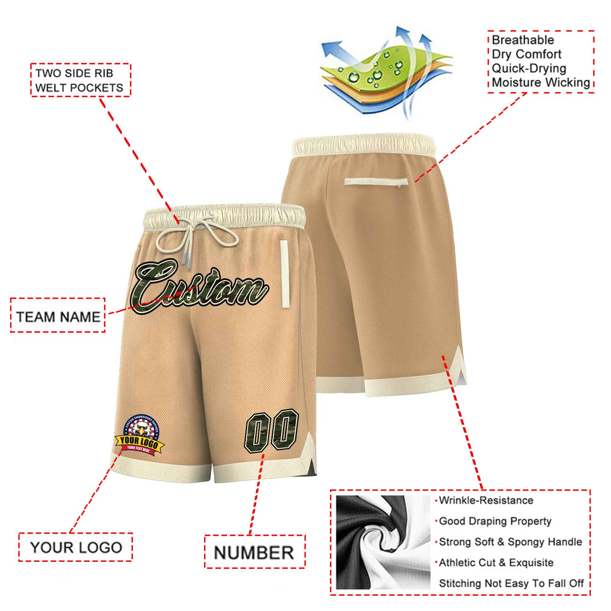 Custom Khaki Cream Personalized Basketball Shorts