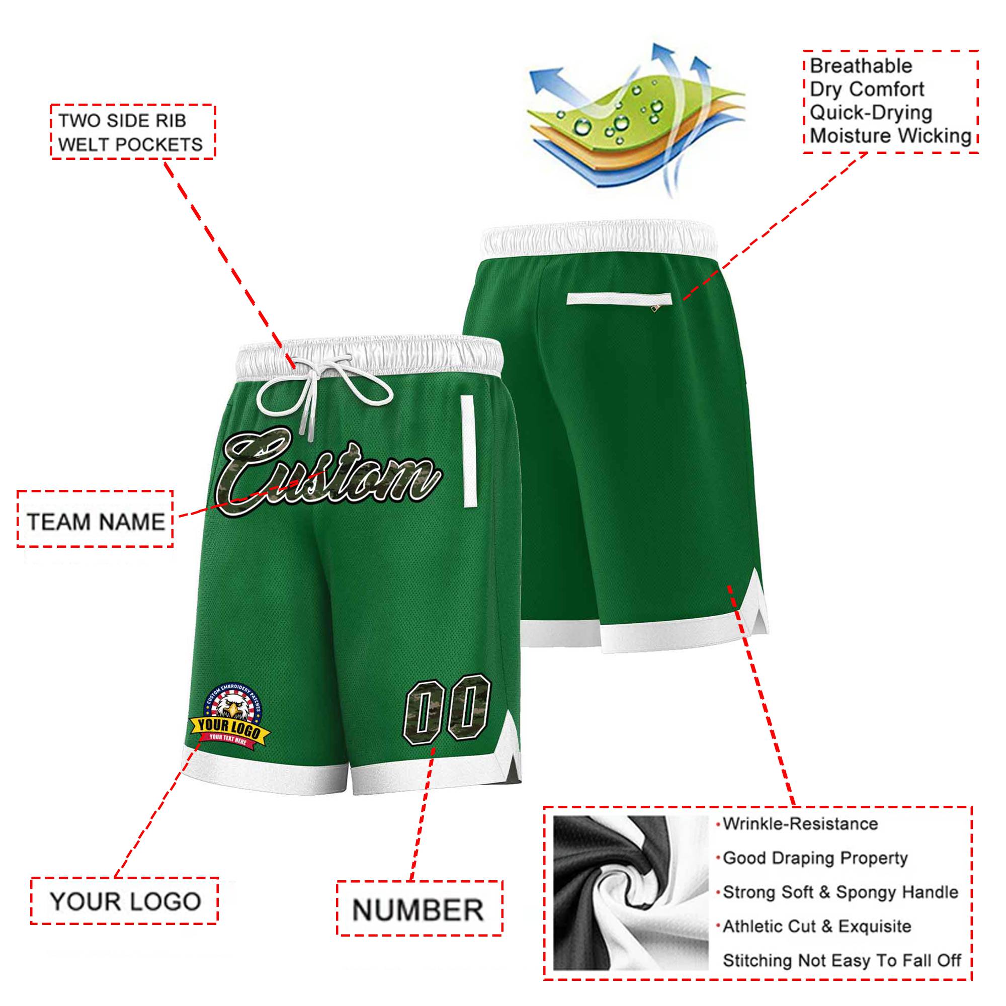 Custom Kelly Green White Personalized Basketball Shorts