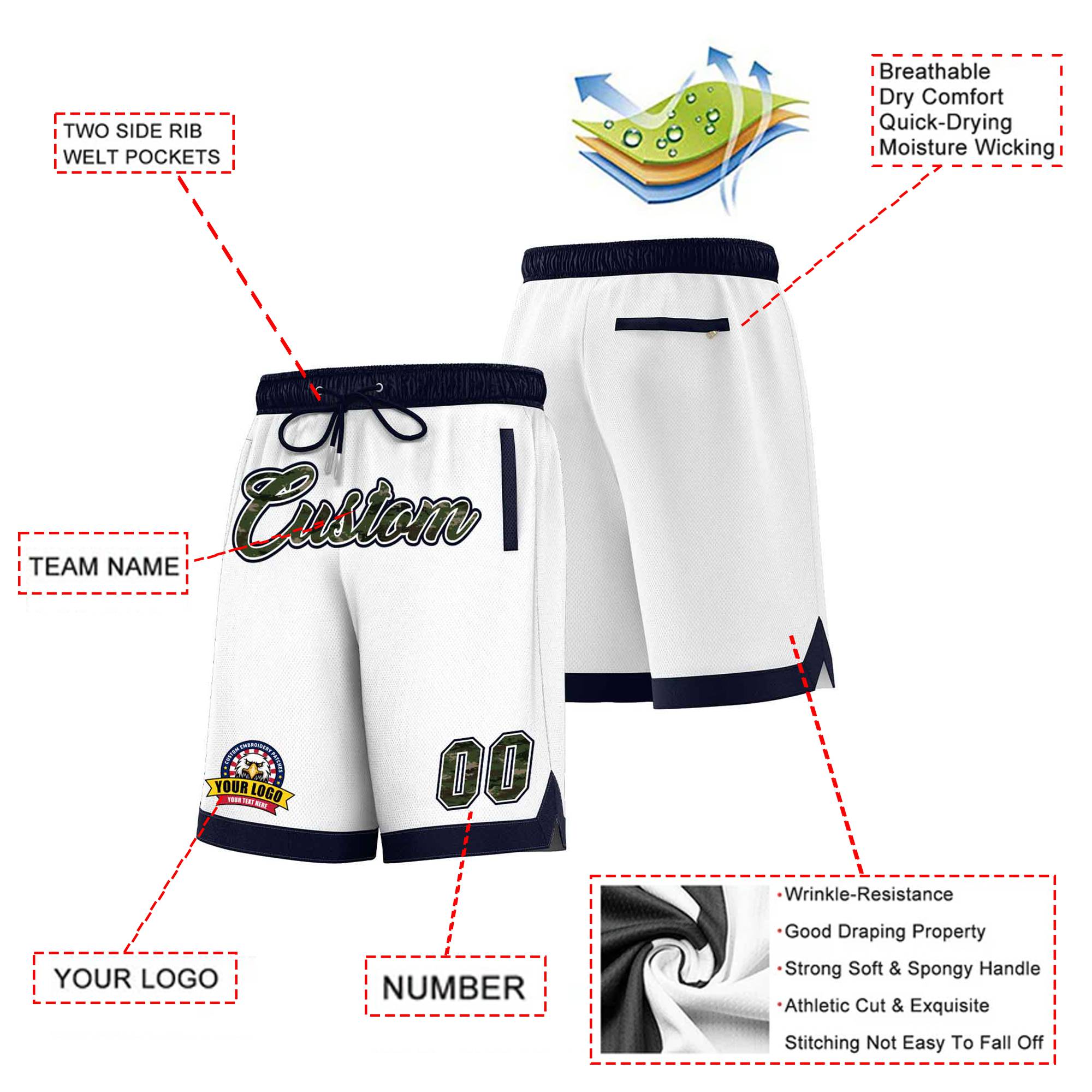 Custom White Navy Personalized Basketball Shorts