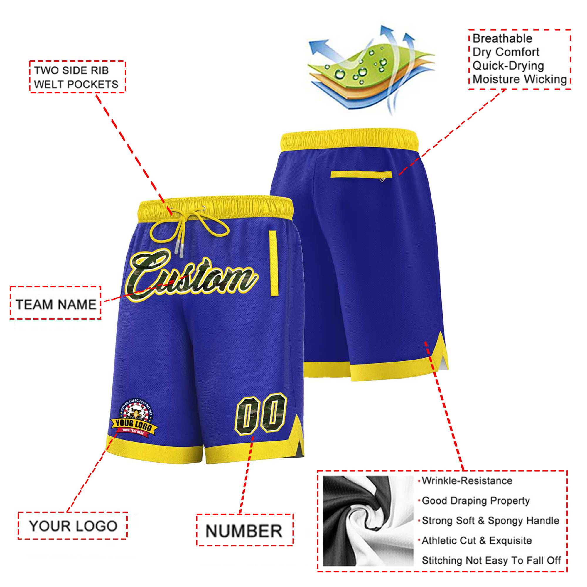 Custom Royal-1 Gold-2 Personalized Basketball Shorts