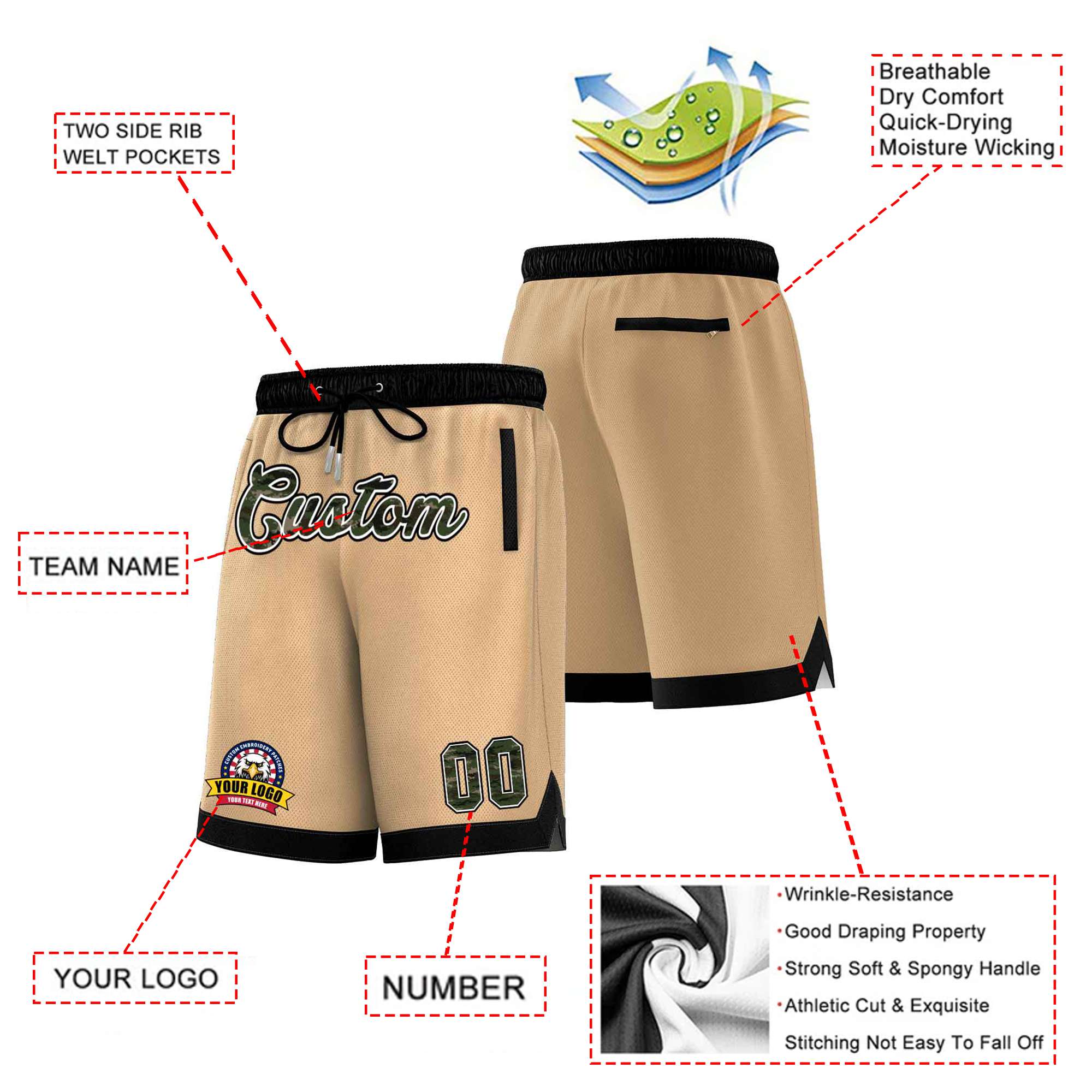 Custom Khaki Black Personalized Basketball Shorts