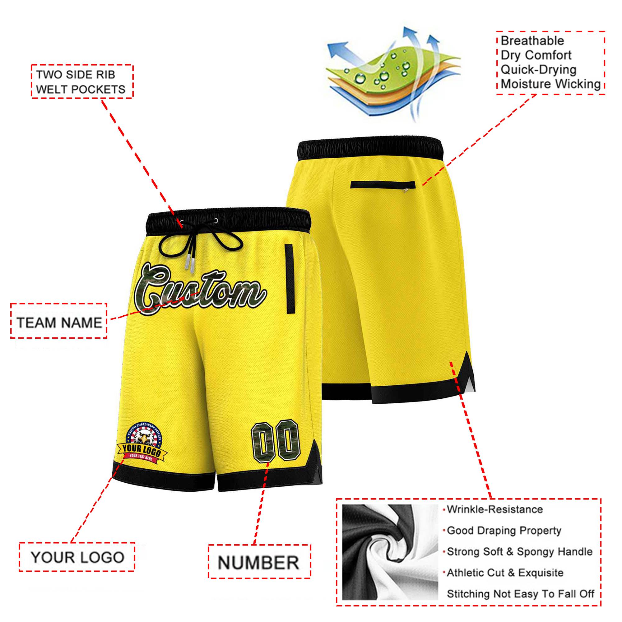 Custom Gold-2 Black Personalized Basketball Shorts