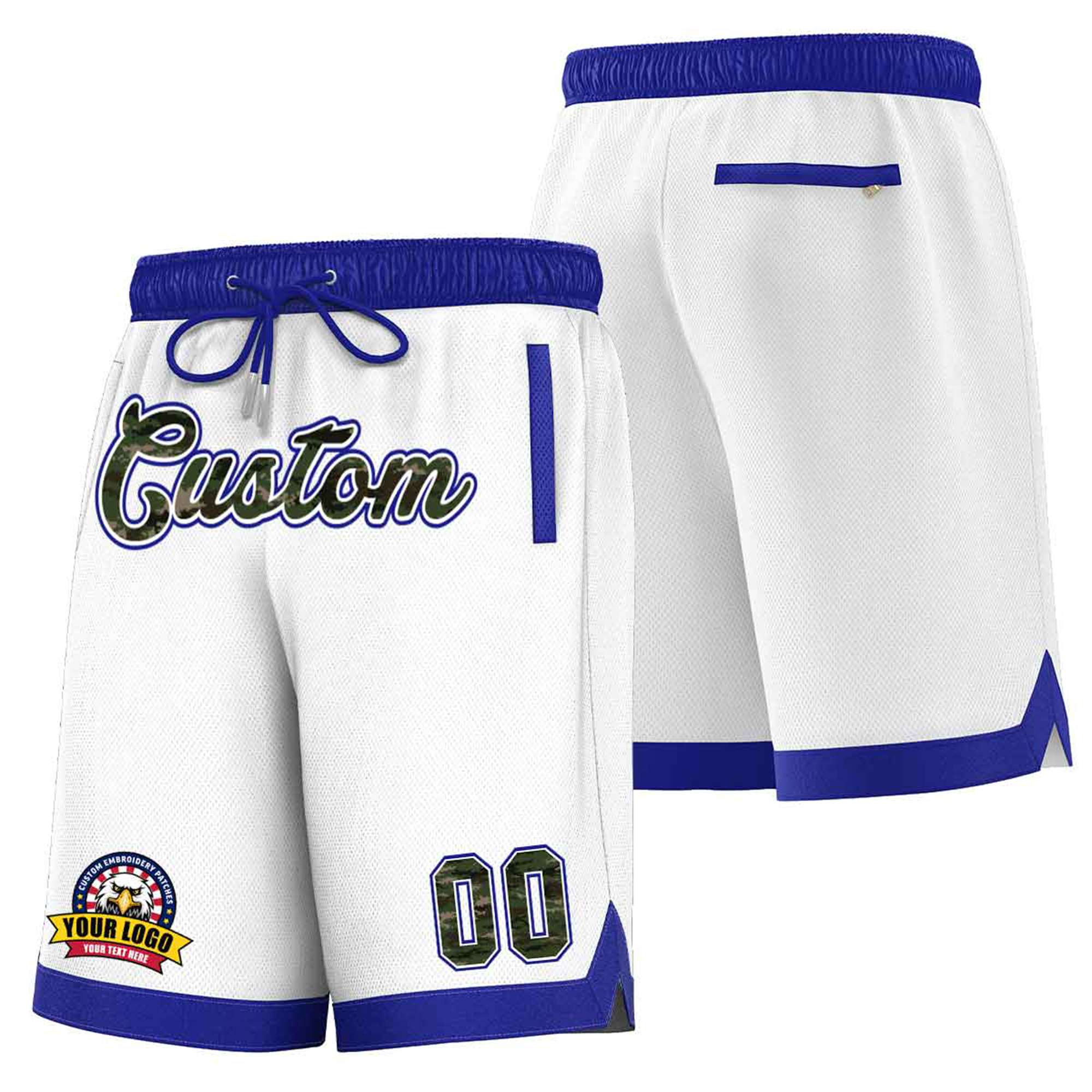 Custom White Blue Personalized Basketball Shorts