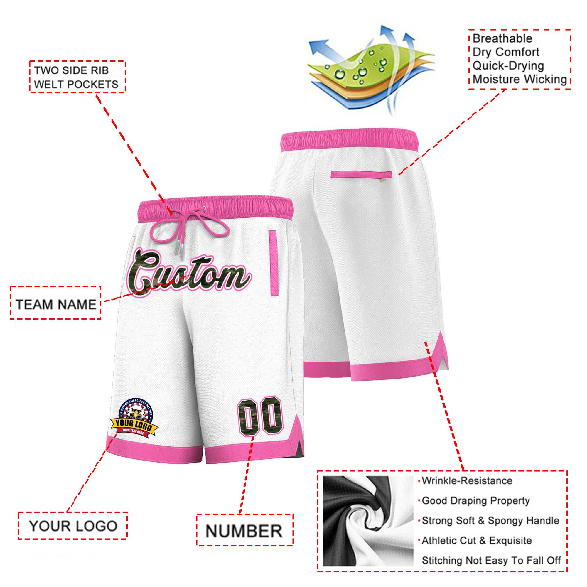 Custom White Pink Personalized Basketball Shorts