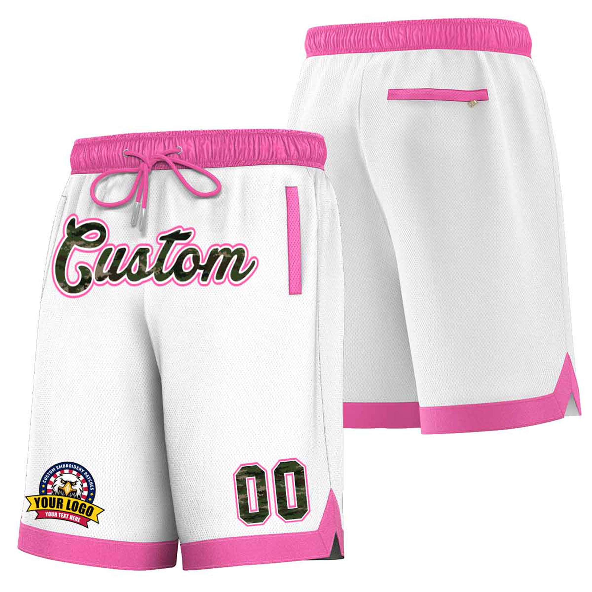 Custom White Pink Personalized Basketball Shorts