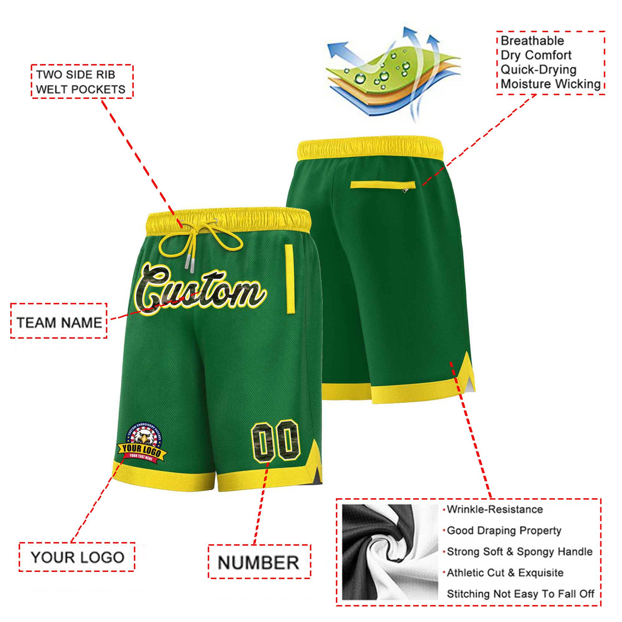 Custom Kelly Green Gold-2 Personalized Basketball Shorts