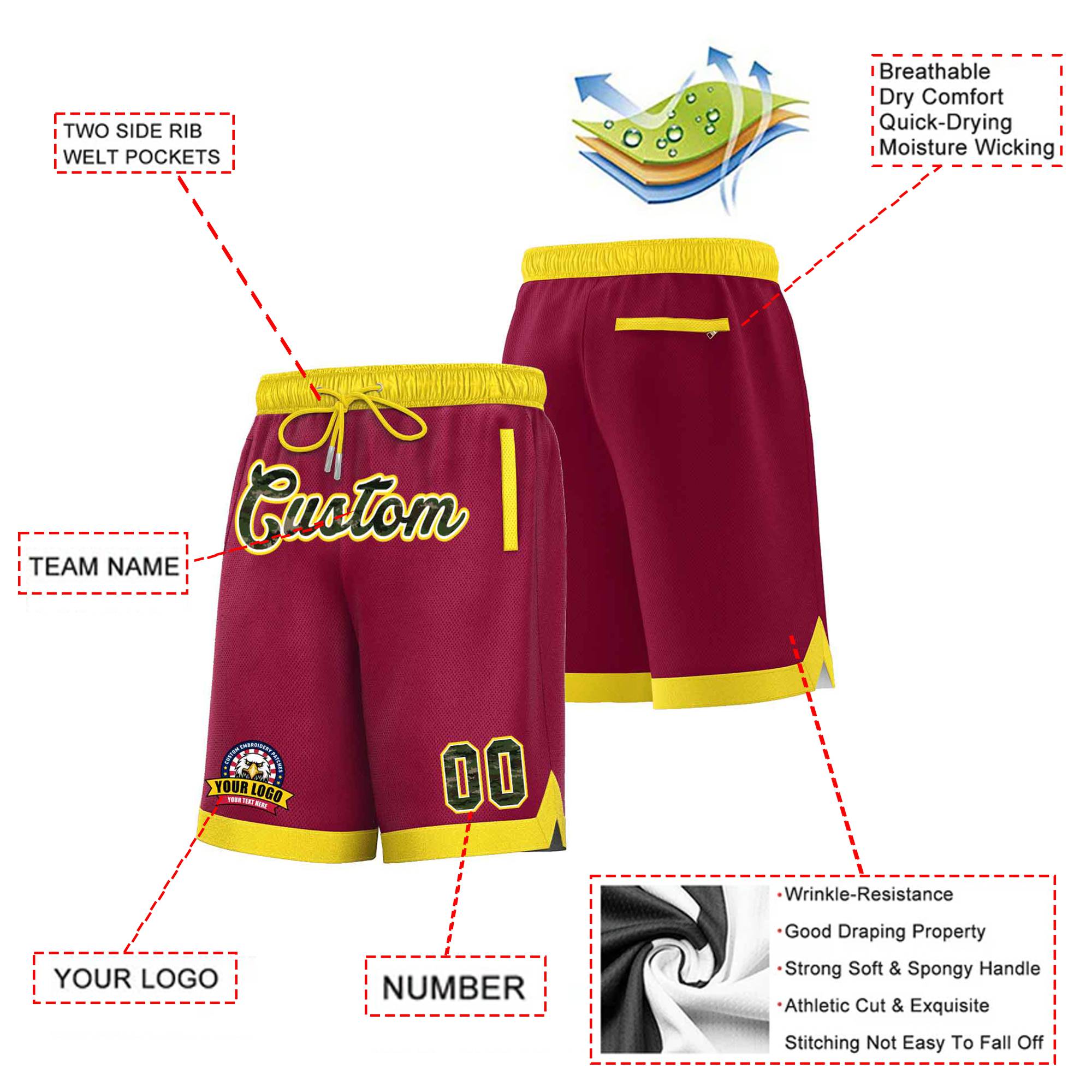 Custom Maroon Gold-2 Personalized Basketball Shorts