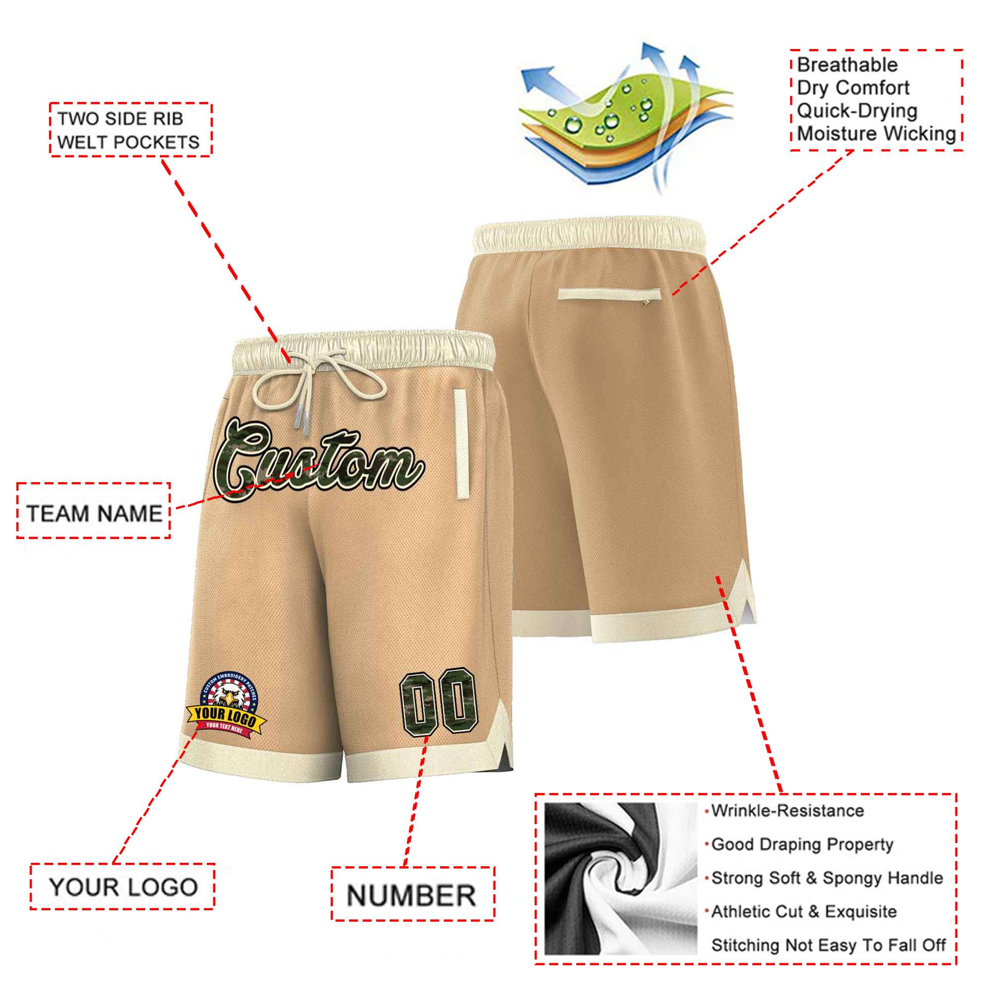 Custom Khaki Cream Personalized Basketball Shorts