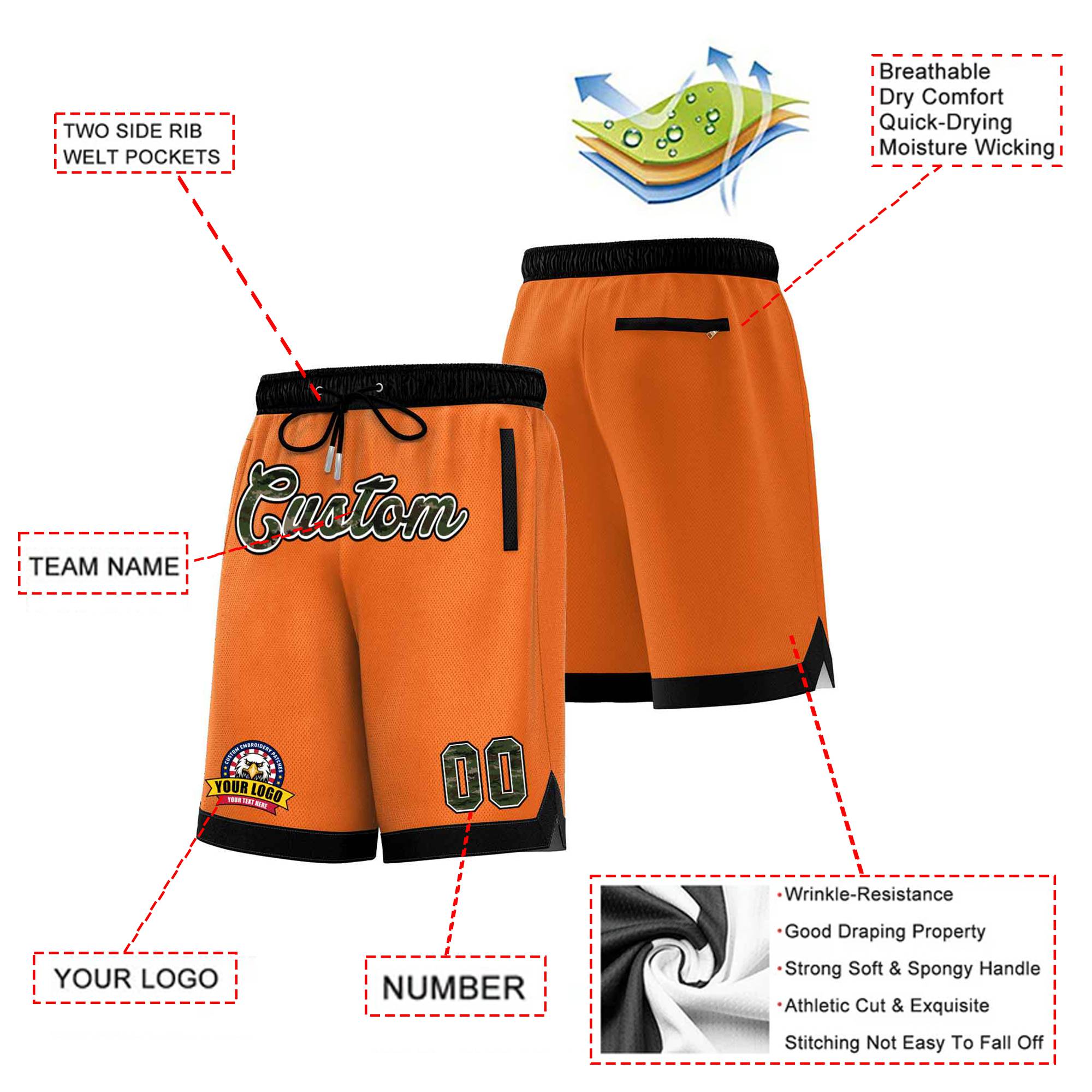 Custom Orange Black Personalized Basketball Shorts