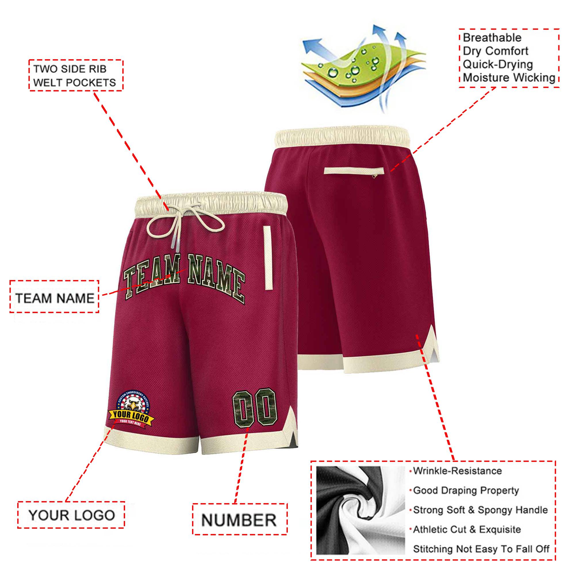 Custom Maroon Cream Personalized Basketball Shorts