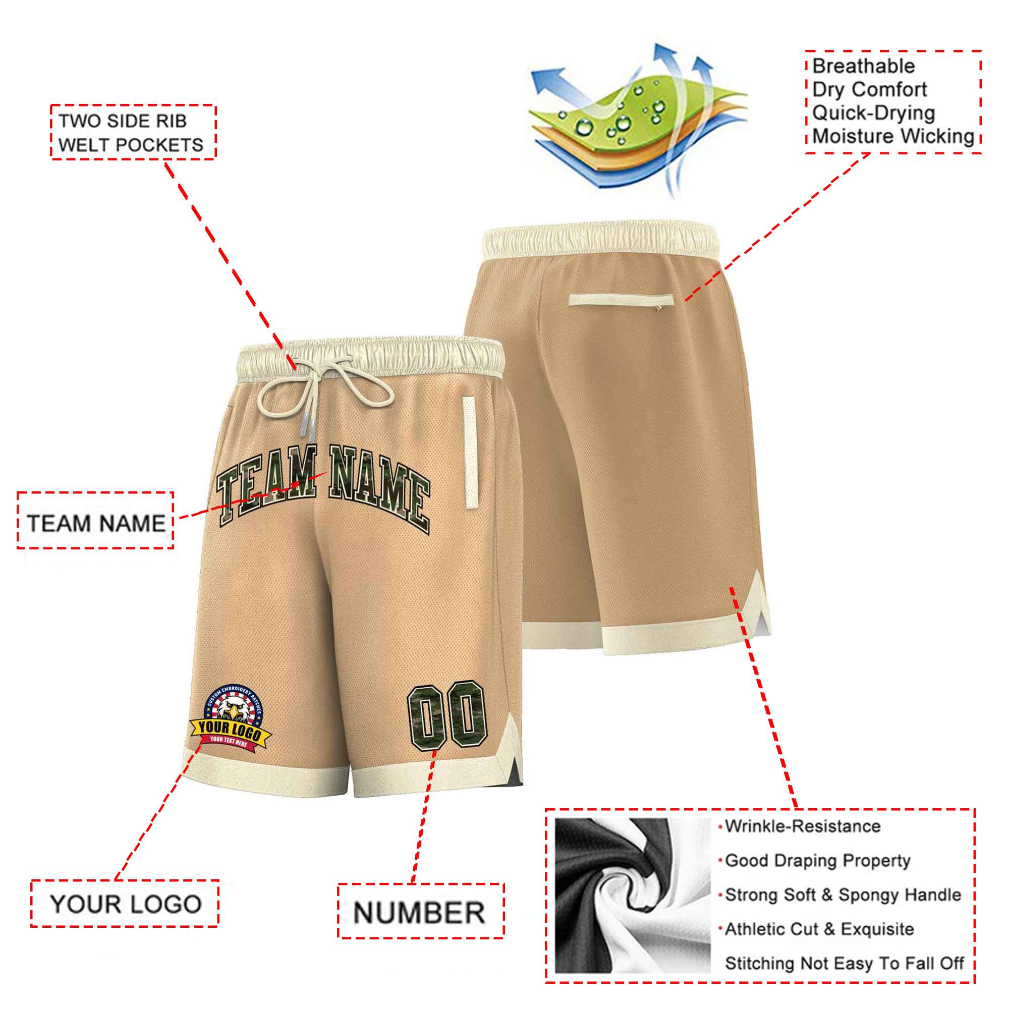 Custom Khaki Cream Personalized Basketball Shorts