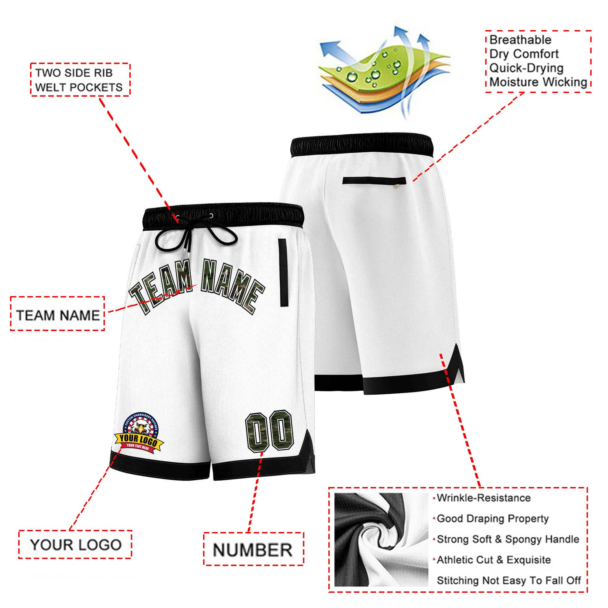 Custom White Black Personalized Basketball Shorts