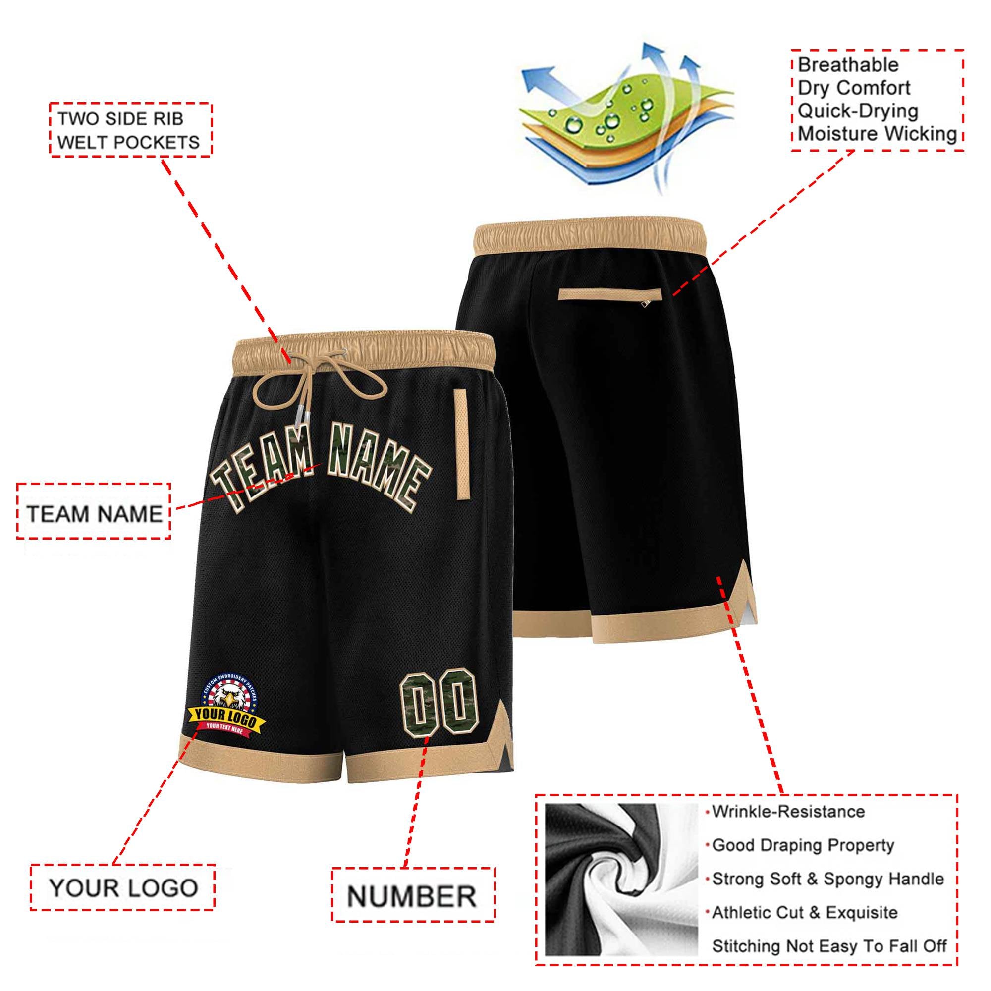 Custom Black Khaki Personalized Basketball Shorts